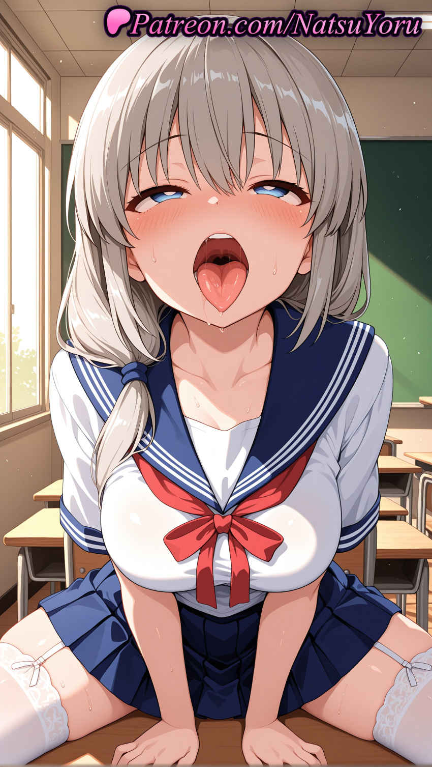 1girl 1girl 1girls 2025 ahegao ai ai_assisted ai_generated anime anime_style bangs big_breasts big_breasts blue_eyes blue_sailor_collar blue_skirt blush breasts bust chair chalkboard classroom clothing collarbone curvaceous desk female_focus female_only garter_straps grey_hair hair_between_eyes hair_over_shoulder heart heart-shaped_pupils hentai high_quality high_res high_res high_resolution implied_sex indoors long_hair looking_at_viewer mature_female natsuyoru neckerchief on_desk open_mouth oral_invitation patreon pleated_skirt rolling_eyes sailor_collar sailor_uniform saliva school_desk school_uniform serafuku shirt short_sleeves side_ponytail silver_hair sitting sitting_on_desk skirt solo_female spread_legs stable_diffusion stockings sweat symbol-shaped_pupils teeth thighs tongue tongue_out unusually_open_eyes upper_teeth_only uvula uzaki-chan_wa_asobitai! uzaki_tsuki voluptuous voluptuous_female white_shirt white_thighhighs window