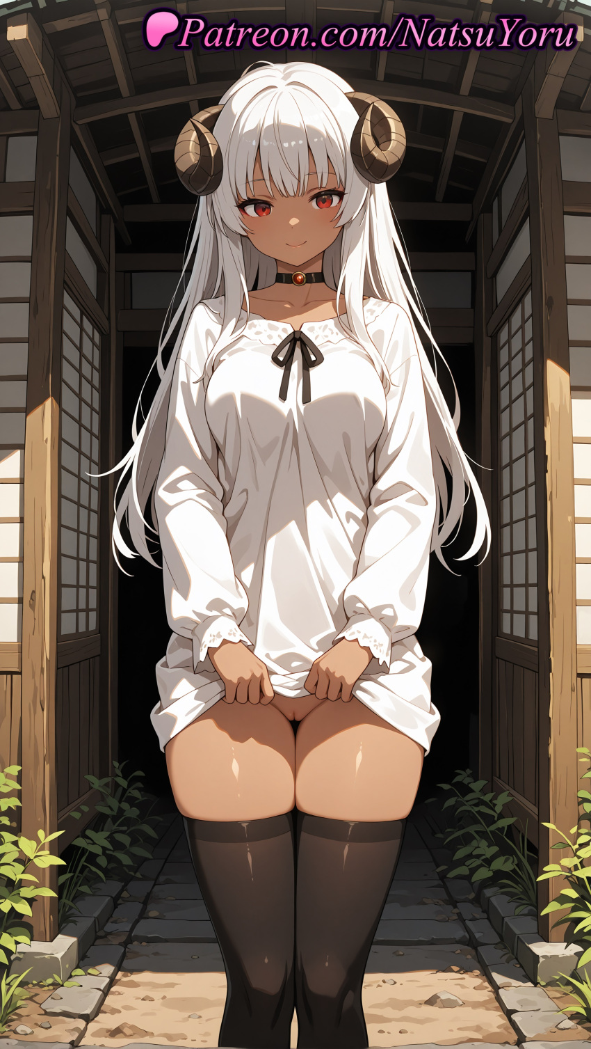 1girl 2025 ai_assisted ai_generated anime anime_style architecture ass_visible_through_thighs bangs big_breasts black_choker black_legwear black_ribbon black_thighhighs blouse blush bottomless breasts bust chiyu_mahou_no_machigatta_tsukaikata choker cleft_of_venus closed_mouth clothes_lift collarbone curled_horns dark-skinned_female dark_skin day dress dress_lift east_asian_architecture feet_out_of_frame felm felm_(chiyu_mahou) female_focus female_only frills hentai high_quality high_res high_resolution horns lifted_by_self long_hair long_sleeves looking_at_viewer medium_breasts natsuyoru no_panties non-asian outside paipan panties patreon puffy_long_sleeves puffy_sleeves pussy red_eyes ribbon sheep_horns shirt skindentation smile solo_female stable_diffusion standing stockings thigh_gap thighs uncensored voluptuous voluptuous_female white_dress white_hair white_shirt