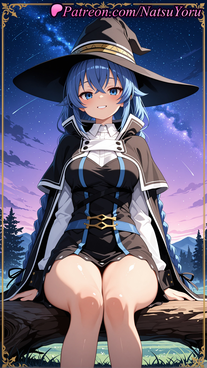 1girl 1girl 1girls 2025 ai ai_assisted ai_generated anime anime_style asian bangs bare_legs belt big_breasts big_breasts black_dress black_headwear blue_eyes blue_hair blush braid breasts brown_cape bust cape capelet collared_shirt crossed_bangs dress feet_out_of_frame female_focus female_only grin hair_between_eyes hat hentai high_quality high_res high_res high_resolution legs long_hair long_sleeves looking_at_viewer medium_breasts mushoku_tensei natsuyoru night night_sky outside parted_lips patreon petite purple_hair roxy_migurdia shirt shooting_star sitting sky smile solo_female stable_diffusion star_(sky) starry_sky thighs tree twin_braids very_long_hair voluptuous voluptuous_female white_shirt witch_hat