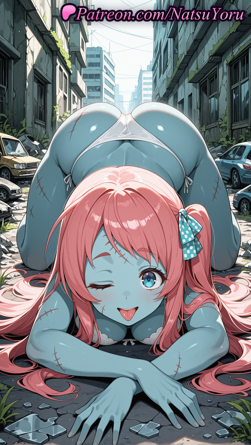 1girl 2025 ahoge ai_assisted ai_generated all_fours anime anime_style asian ass big_breasts bikini blue_eyes blue_skin blush bow bra breasts broken_glass broken_window building bust car city cleavage colored_skin day female_focus female_only giant giantess glass_shards ground_vehicle hair_bow hair_ribbon hentai high_quality high_res high_resolution juicy_butt long_hair looking_at_viewer medium_breasts minamoto_sakura motor_vehicle natsuyoru on_all_fours one_eye_closed one_side_up open_mouth outside panties patreon pink_hair polka_dot polka_dot_bow polka_dot_ribbon red_hair ribbon road rubble ruins scar scar_across_eye scar_on_face scar_on_forehead side-tie_bikini_bottom side-tie_panties smile solo_female stable_diffusion stitches string_bikini swimsuit thong tongue tongue_out top-down_bottom-up underwear underwear_only van veiny_breasts voluptuous voluptuous_female white_bikini white_bra white_panties zombie zombie_land_saga