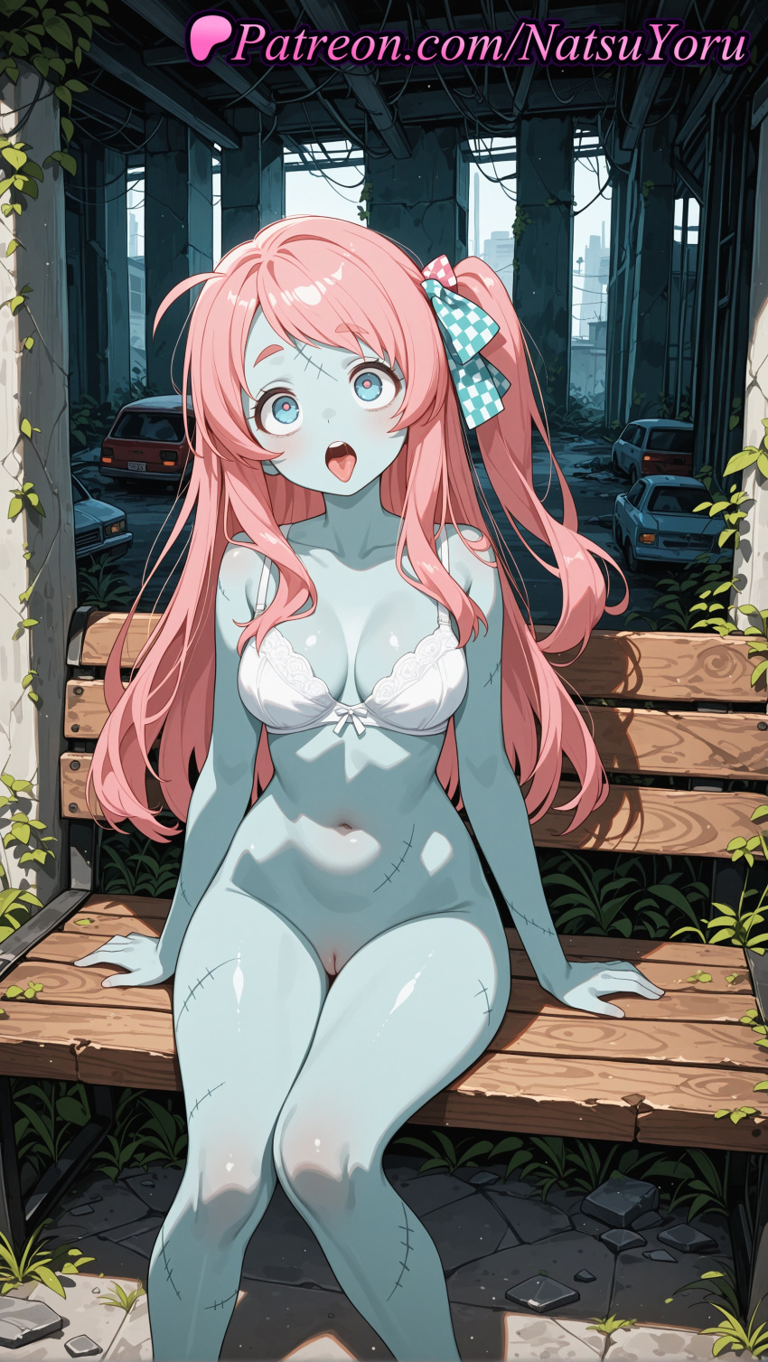 1girl 2025 ahoge ai_assisted ai_generated anime anime_style aqua_ribbon asian bare_shoulders bench big_breasts blue_eyes blue_skin blush bottomless bow bow_bra bra breasts broken_window bust car cleavage cleft_of_venus collarbone colored_skin day feet_out_of_frame female_focus female_only ground_vehicle hair_bow hair_ornament hair_ribbon hentai high_quality high_res high_resolution long_hair looking_at_viewer medium_breasts minamoto_sakura motor_vehicle natsuyoru navel no_panties on_bench on_vehicle one_side_up open_mouth outside overgrown paipan patreon pink_hair polka_dot polka_dot_bow polka_dot_ribbon pussy red_hair ribbon ruins scar scar_on_face scar_on_forehead side_ponytail sitting solo_female stable_diffusion stitches stomach teeth tongue tongue_out uncensored underwear underwear_only upper_teeth_only voluptuous voluptuous_female white_bra zombie zombie_land_saga