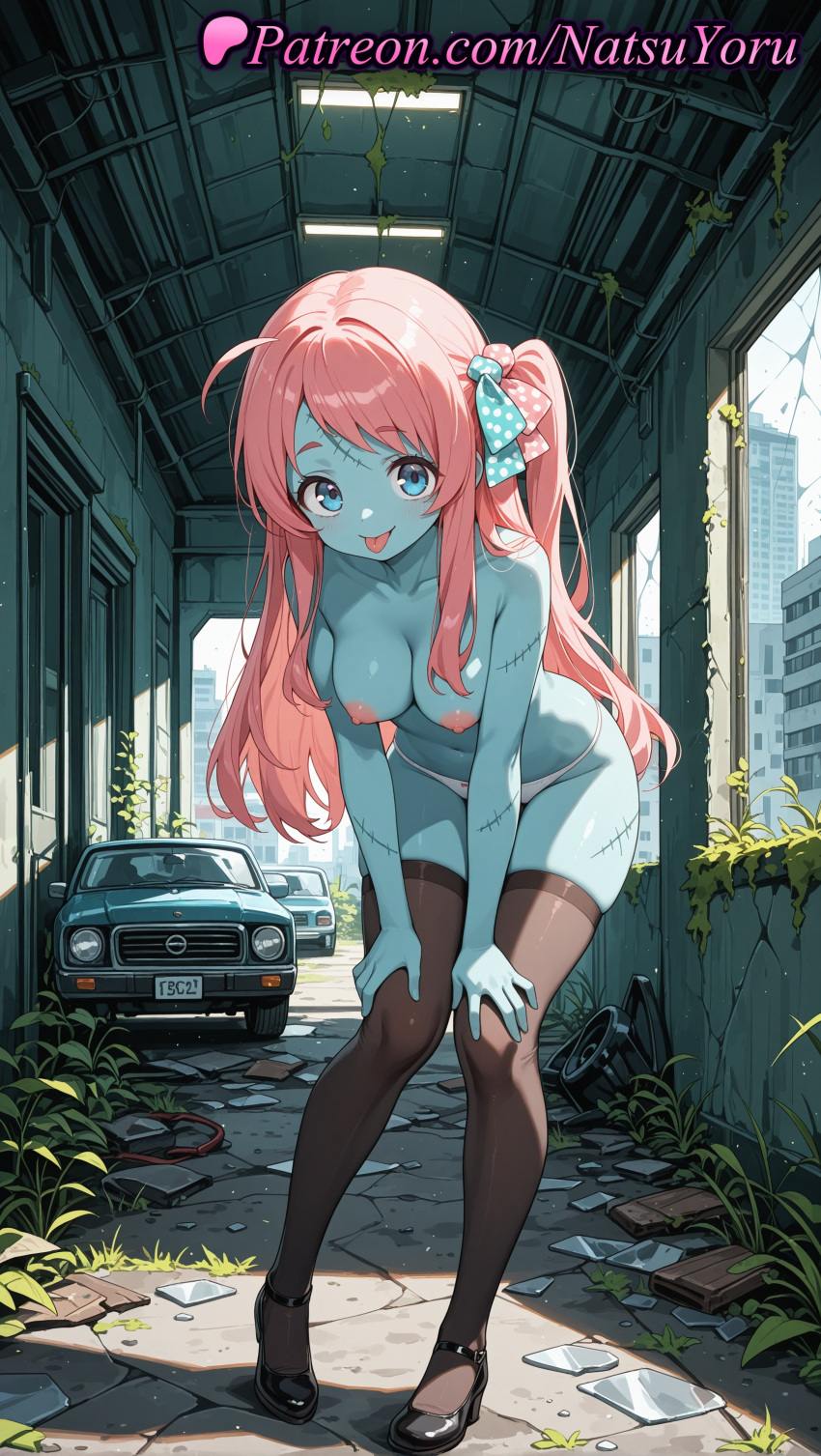 1girl 2025 ahoge ai_assisted ai_generated anime anime_style asian bangs bent_over big_breasts black_footwear black_stockings black_thighhighs blue_eyes blue_skin blush bow breasts broken_glass broken_window brown_thighhighs building bust car collarbone colored_skin crack day female_focus female_only female_solo full_body glass glass_shards ground_vehicle hair_bow hair_ribbon hands_on_own_knees hands_on_own_thighs hentai high_heels high_quality high_res high_resolution indoors leaning_forward long_hair looking_at_viewer medium_breasts minamoto_sakura motor_vehicle natsuyoru navel nipples nipples_outside one_side_up outside overgrown panties patreon pink_hair plant polka_dot polka_dot_bow polka_dot_ribbon red_hair ribbon ruins scar scar_on_face scar_on_forehead shoes smile solo_female stable_diffusion standing stitches stockings tongue tongue_out topless uncensored_nipples underwear underwear_only voluptuous voluptuous_female white_panties window zombie zombie_land_saga