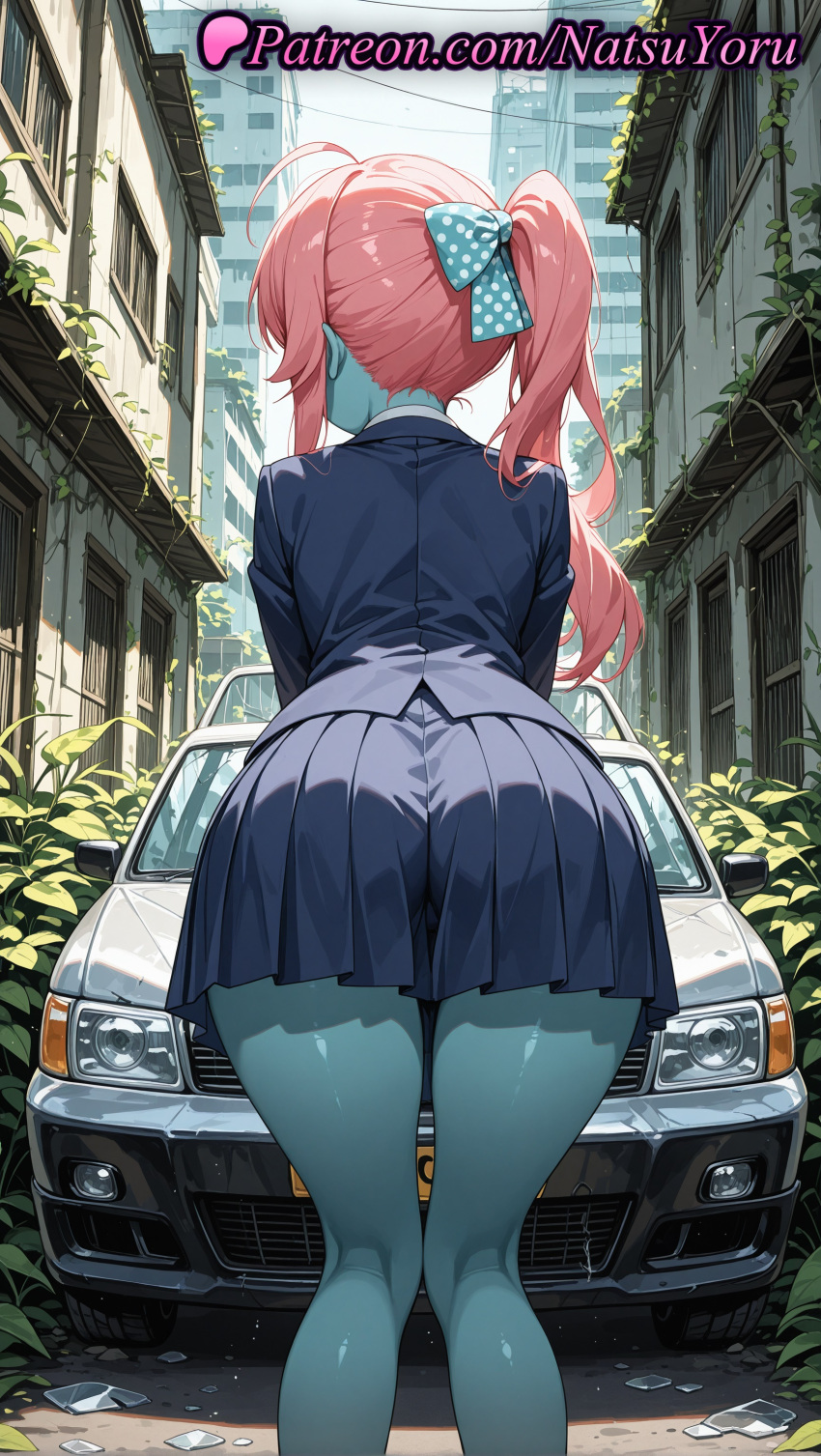 1girl 2025 ahoge ai_assisted ai_generated anime anime_style ass back bent_over black_jacket blazer blue_jacket blue_pantyhose blue_skin blue_skirt bow building car colored_skin day facing_away feet_out_of_frame female_focus female_only from_behind glass_shards ground_vehicle hair_bow hentai high_quality high_res high_resolution jacket juicy_butt kneepits leaning_forward legs long_hair long_sleeves minamoto_sakura miniskirt motor_vehicle natsuyoru outside overgrown pantyhose patreon pink_hair plant pleated_skirt polka_dot polka_dot_bow polka_dot_ribbon ponytail red_hair school_uniform shirt side_ponytail skirt solo_female stable_diffusion twin_tails vehicle_focus voluptuous voluptuous_female zombie zombie_land_saga