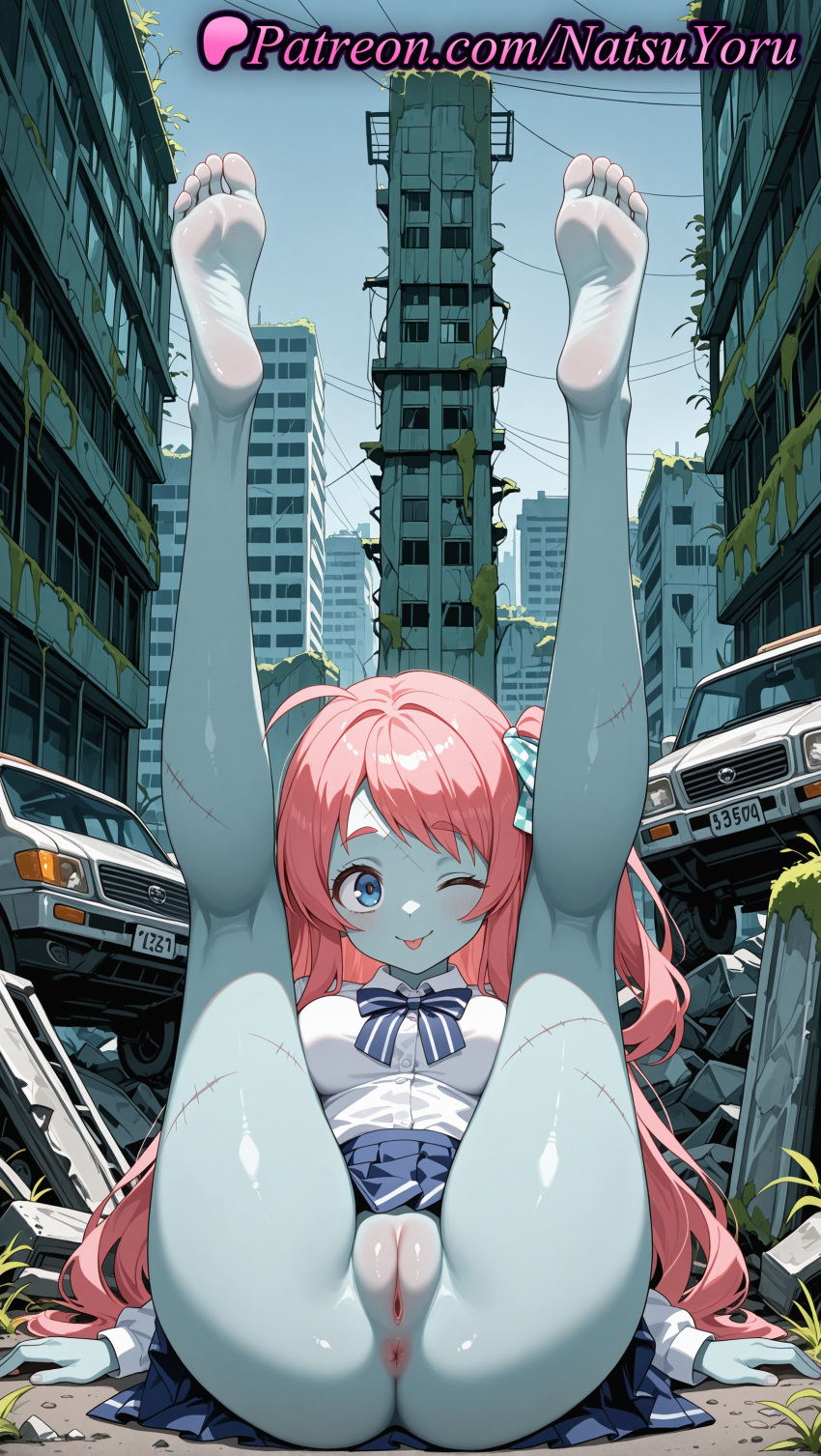 1girl 2025 ahoge ai_assisted ai_generated anime anime_style anus asian ass bangs bare_legs barefoot big_breasts blouse blue_bow blue_bowtie blue_eyes blue_skin blue_skirt blush bow bowtie breasts building bust car city cleft_of_venus clothes_lift collared_shirt colored_skin day feet female_focus female_only foot_fetish full_body giant giantess ground_vehicle hair_bow hair_ornament hair_ribbon hentai high_quality high_res high_resolution juicy_butt kneepits legs legs_up long_hair long_sleeves looking_at_viewer lying medium_breasts minamoto_sakura miniskirt motor_vehicle natsuyoru no_panties no_shoes on_back on_vehicle one_eye_closed one_side_up outside overgrown paipan patreon pink_hair plaid plaid_skirt pleated_skirt polka_dot polka_dot_bow post-apocalypse post_apocalyptic pussy red_hair ribbon ruins scar scar_on_face scar_on_forehead school_uniform shirt sitting skirt skirt_lift smile soles solo_female spread_legs stable_diffusion stitches striped_bow striped_bowtie thighs toenails toes tongue tongue_out twin_tails uncensored voluptuous voluptuous_female white_shirt zombie zombie_land_saga