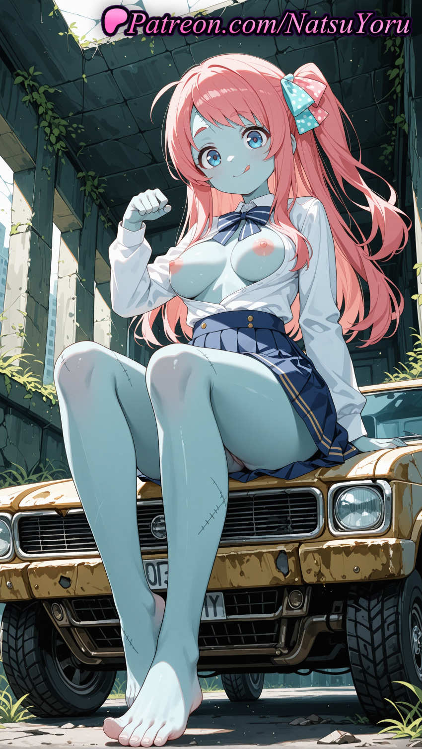 1girl 2025 ahoge ai_assisted ai_generated anime anime_style asian bangs bare_legs barefoot big_breasts blouse blue_bow blue_bowtie blue_eyes blue_skin blue_skirt blush bow bowtie breasts breasts_apart breasts_out breasts_outside broken_window bust car cleft_of_venus closed_mouth collared_shirt colored_skin day feet female_focus female_only foot_fetish full_body ground_vehicle hair_bow hair_ribbon hentai high-waist_skirt high_quality high_res high_resolution indoors legs licking_lips long_hair long_sleeves looking_at_viewer medium_breasts minamoto_sakura miniskirt motor_vehicle natsuyoru nipples nipples_outside no_bra no_panties no_shoes non-asian on_vehicle one_side_up open_clothes open_shirt outside overgrown pale_skin panties patreon paw_pose pink_hair plant pleated_skirt polka_dot polka_dot_bow polka_dot_ribbon pussy red_hair ribbon ruins scar scar_on_face scar_on_forehead school_uniform shirt side_ponytail sitting skirt smile solo_female stable_diffusion striped_bowtie thighs toenail_polish toenails toes tongue tongue_out unbuttoned uncensored_nipples underwear voluptuous voluptuous_female white_panties white_shirt zombie zombie_land_saga