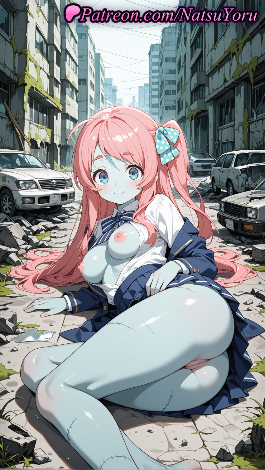 1girl 2025 ahoge ai_assisted ai_generated anime anime_style anus ass bangs barefoot big_breasts blazer blouse blue_bow blue_bowtie blue_eyes blue_jacket blue_skin blue_skirt blush bow bowtie breasts breasts_out broken_window building bust car city cleft_of_venus closed_mouth clothes_lift collared_shirt colored_skin day doujin_cover dress_shirt feet feet_out_of_frame female_focus female_only foot_out_of_frame giantess ground_vehicle hair_bow hair_ribbon hentai high_quality high_res high_resolution jacket juicy_butt legs long_hair long_sleeves looking_at_viewer lying medium_breasts minamoto_sakura miniskirt motor_vehicle natsuyoru nipples nipples_outside no_bra no_panties off_shoulder on_ground on_side on_vehicle one_side_up open_clothes open_jacket open_shirt outside paipan partially_unbuttoned patreon pink_hair pleated_skirt polka_dot polka_dot_bow pussy pussy_juice red_hair ribbon ruins scar scar_on_face scar_on_forehead school_uniform shirt side_ponytail skirt sky smile soles solo_female stable_diffusion striped_bow thighs toes unbuttoned uncensored uncensored_nipples voluptuous voluptuous_female white_shirt zombie zombie_land_saga