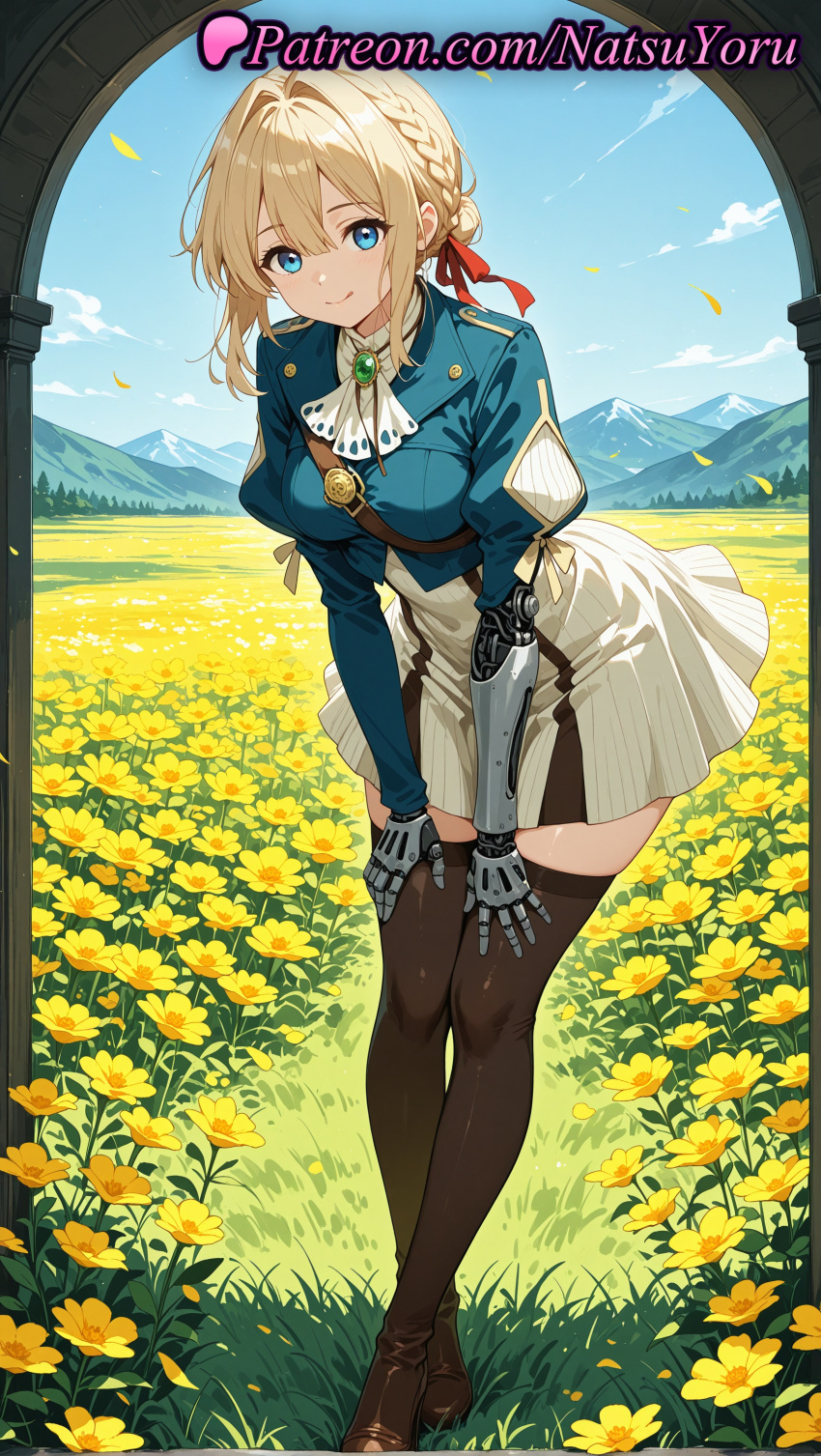 1girl 1girls 2025 ai ai_assisted ai_generated anime anime_style arch ascot bangs belt bent_over big_breasts black_thighhighs blonde_hair blue_eyes blue_jacket blue_sky blush bolo_tie boots bow braid braided_bun breasts brooch brown_footwear brown_thighhighs bust closed_mouth clothing cloud collar cropped_jacket crossed_ankles crossed_legs day dress falling_petals female_focus female_only female_solo field fisheye flower flower_field flowers footwear french_braid full_body gem gloves grass green_gemstone hair_between_eyes hair_bun hair_intakes hair_ribbon hair_ribbons hands_on_own_knees hands_on_own_thighs hentai high_quality high_res high_resolution jacket jewelry juliet_sleeves lapel_pin leaning_forward long_sleeves looking_at_viewer meadow mechanical_arms mechanical_hands medium_breasts mountain mountainous_horizon natsuyoru necklace outside patreon petals plant prosthesis prosthetic_arm puffy_sleeves red_ribbon ribbon shirt shoes short_hair sidelocks skirt sky smile solo_female stable_diffusion standing stockings thigh_high_boots tongue tongue_out v_arms violet_evergarden violet_evergarden_(character) voluptuous voluptuous_female watson_cross white_ascot white_dress white_skirt yellow_flower zettai_ryouiki