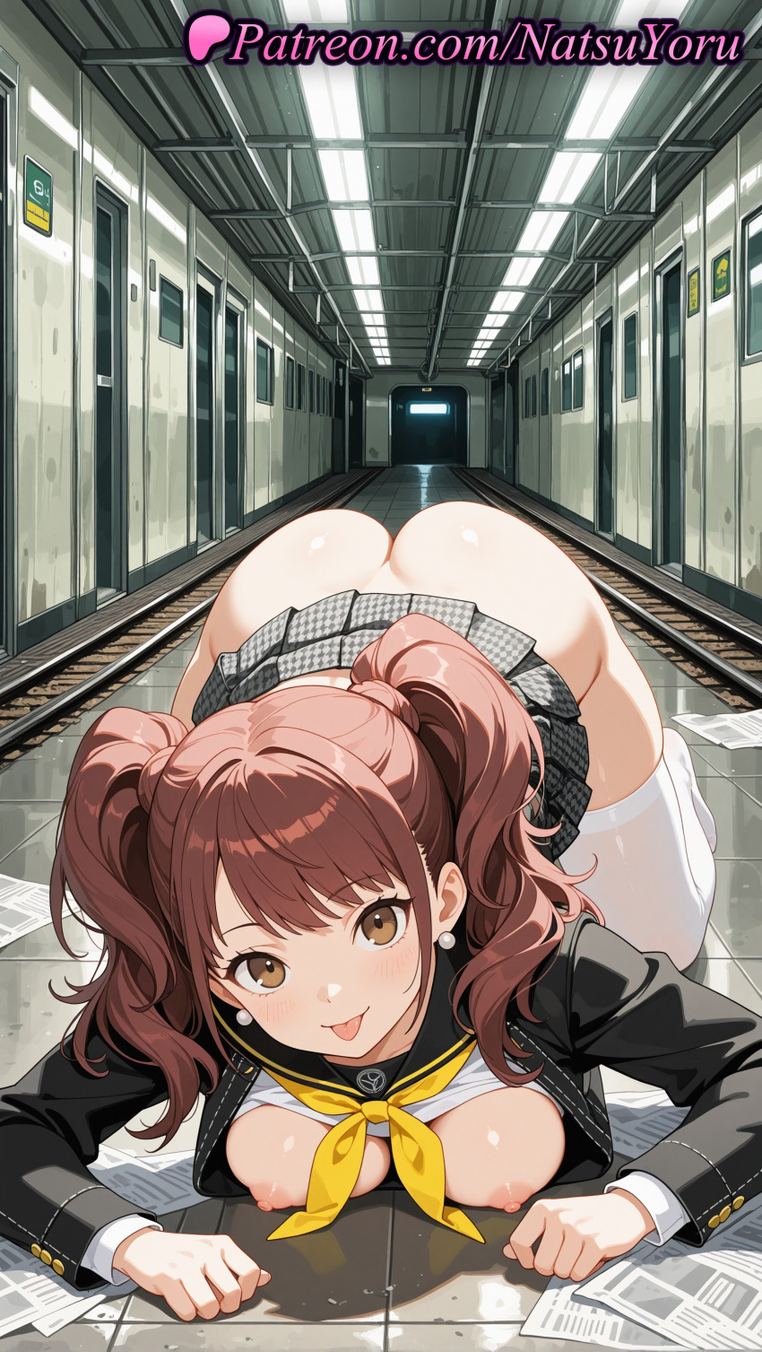 1girl 1girl 1girls 2025 ai ai_assisted ai_generated all_fours anime anime_style ass ass bangs big_breasts big_breasts black_jacket black_sailor_collar blush bottomless breast_press breasts breasts_out brown_eyes brown_hair bust ceiling_light closed_mouth clothes_lift earring earrings female_focus female_only female_solo full_body grey_skirt hallway hentai high_quality high_res high_res high_resolution indoors jacket jewelry juicy_butt kujikawa_rise kujikawa_rise_(cosplay) large_ass long_hair long_sleeves looking_at_viewer medium_breasts miniskirt natsuyoru neckerchief newspaper nipples nipples_outside no_bra no_panties no_shoes on_floor on_stomach open_clothes patreon persona persona_4 plaid plaid_skirt pleated_skirt sailor_collar sailor_uniform school_uniform serafuku shirt shirt_lift skirt skirt_lift smile solo_female stable_diffusion stockings thighs tile_floor tiles tongue tongue_out top-down_bottom-up twin_tails uncensored_nipples voluptuous voluptuous_female white_shirt white_thighhighs yasogami_school_uniform yellow_neckerchief