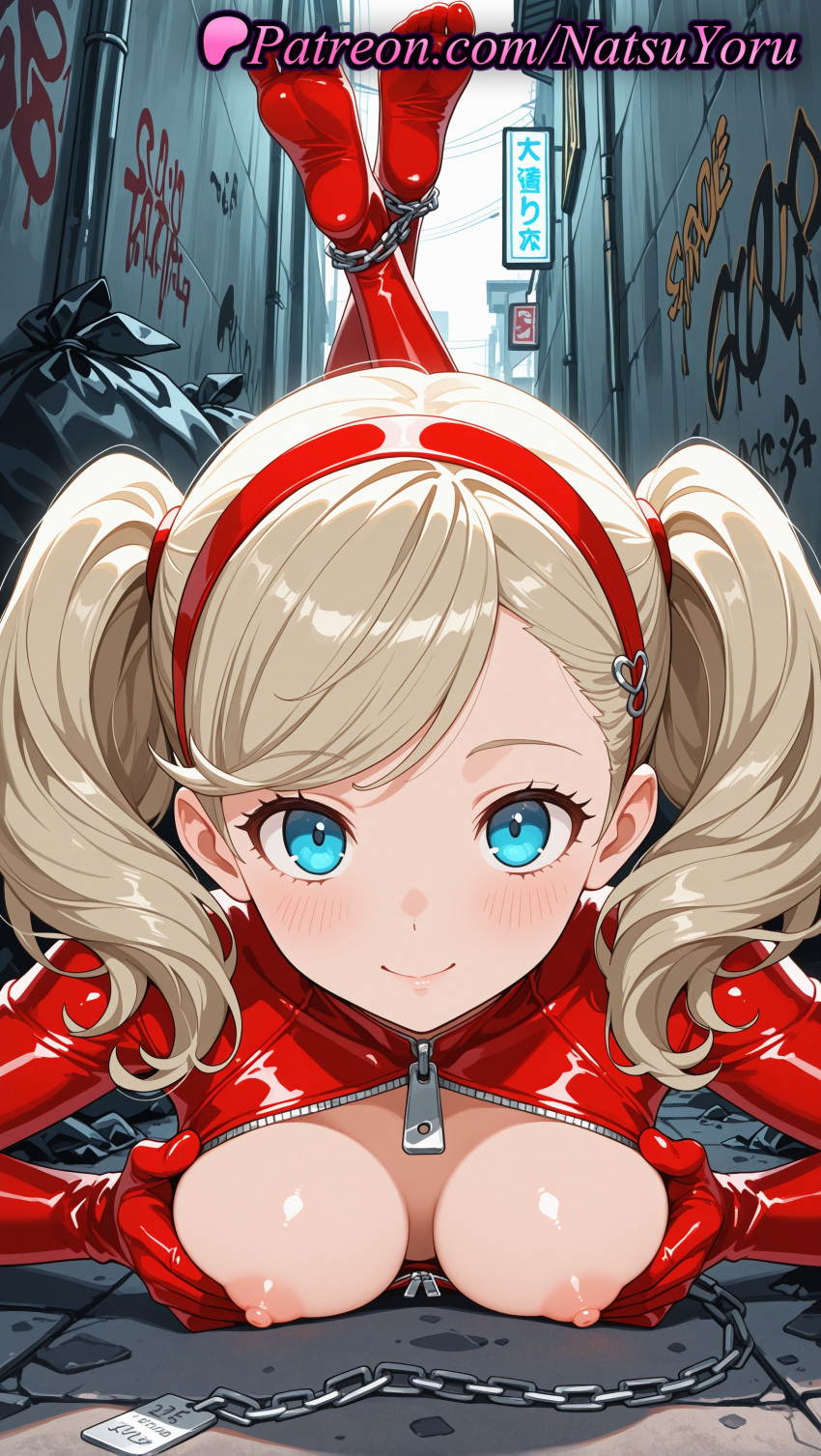 1girl 1girl 1girls 2025 ai ai_assisted ai_generated alley anime anime_style ann_takamaki atlus bangs bdsm big_breasts big_breasts blonde_hair blue_eyes blush bodysuit bound bound_ankles breast_press breasts breasts_out breasts_outside bust chain chains closed_mouth crossed_ankles cuffs elbow_gloves feet feet_up female_focus female_only foot_fetish gloves graffiti hair_ornament hairband heart hentai high_heels high_quality high_res high_res high_resolution latex latex_bodysuit legs_up lipstick long_hair looking_at_viewer lying makeup medium_breasts medium_hair megami_tensei natsuyoru nipples nipples_outside no_shoes on_stomach open_bodysuit outside partially_unzipped patreon persona persona_5 persona_5_royal red_bodysuit red_footwear red_gloves red_hairband shiny shiny_clothes smile soles solo_female stable_diffusion swept_bangs the_pose trash_bag twin_tails uncensored_nipples unzipped voluptuous voluptuous_female zipper zipper_pull_tab