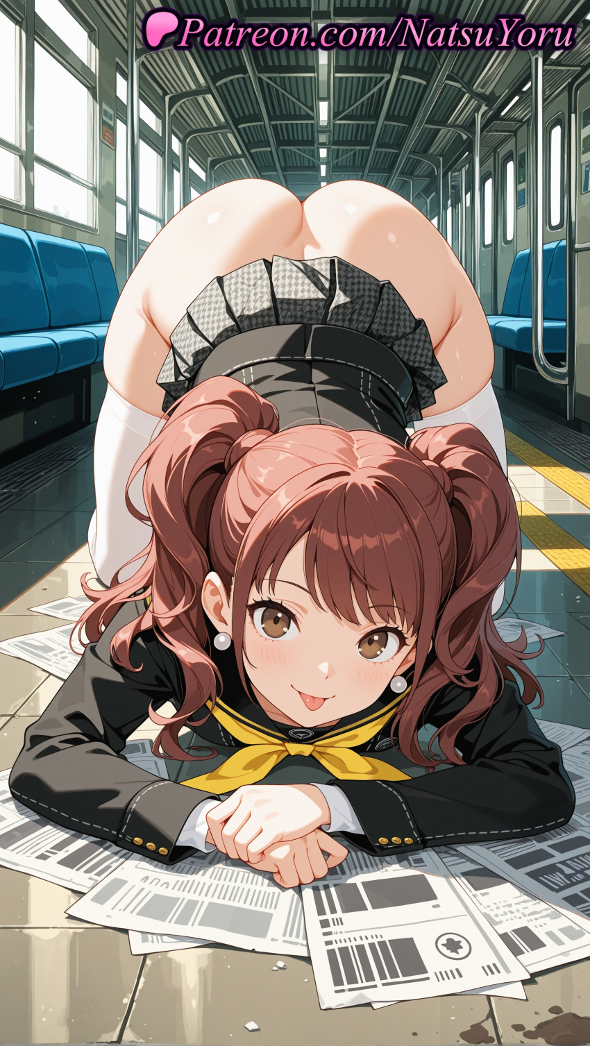 1girl 1girl 1girls 2025 ai ai_assisted ai_generated all_fours anime anime_style ass ass bag bangs black_jacket black_sailor_collar black_skirt blush brown_eyes brown_hair clothes_lift earring earrings exhibitionism female_focus female_only female_solo grey_skirt hentai high_quality high_res high_res high_resolution indoors jacket jewelry juicy_butt kujikawa_rise kujikawa_rise_(cosplay) large_ass long_hair long_sleeves looking_at_viewer miniskirt natsuyoru neckerchief newspaper no_panties own_hands_together patreon persona persona_4 plaid pleated_skirt public_indecency sailor_collar sailor_uniform school_uniform serafuku shirt skirt skirt_lift smile solo_female stable_diffusion stockings thighs tile_floor tongue tongue_out top-down_bottom-up train_interior twin_tails voluptuous voluptuous_female white_thighhighs window yasogami_school_uniform yellow_neckerchief