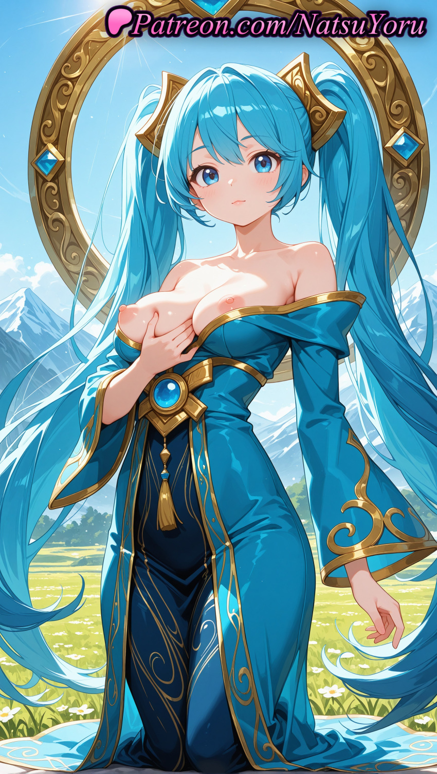 1girl 1girl 1girls 2025 ai ai_assisted ai_generated anime anime_style aqua_hair areola bangs bare_shoulders big_breasts big_breasts blue_dress blue_eyes blue_hair blue_sky blush breasts breasts_out breasts_outside bust closed_mouth clothes_pull clothing cloud collarbone covered_navel day dress dress_pull erect_nipples female_focus female_only field flower grabbing_own_breast grass hair_between_eyes hair_ornament hentai high_quality high_res high_res high_resolution kneel league_of_legends league_of_legends:_wild_rift long_hair long_sleeves looking_at_viewer makeup medium_breasts mountain mountainous_horizon natsuyoru nipples nipples_outside off-shoulder_dress off_shoulder outside patreon riot_games sky smile solo_female sona_buvelle stable_diffusion sun twin_tails uncensored_nipples very_long_hair voluptuous voluptuous_female white_flower wide_sleeves
