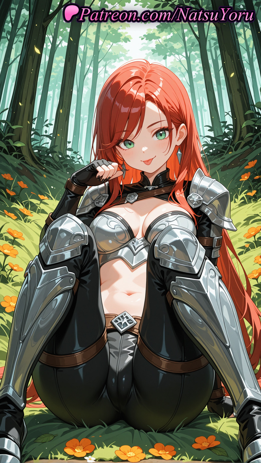 1girl 1girl 1girls 2025 ai ai_assisted ai_generated anime anime_style armor armored_boots bangs belt big_breasts bikini_armor black_gloves black_pants blush boots breastplate breasts bust cameltoe cleavage day earrings female_focus female_only fingerless_gloves flower flowers forest gauntlets gloves grass greaves green_eyes hand_up hentai high_quality high_res high_res high_resolution jewelry juicy_butt katarina knees_up league_of_legends league_of_legends:_wild_rift leggings long_hair looking_at_viewer medium_breasts midriff natsuyoru nature navel orange_flower orange_hair outside pants patreon red_hair riot_games shoulder_armor sitting smile solo_female spread_legs stable_diffusion stomach swept_bangs tongue tongue_out tree very_long_hair voluptuous voluptuous_female