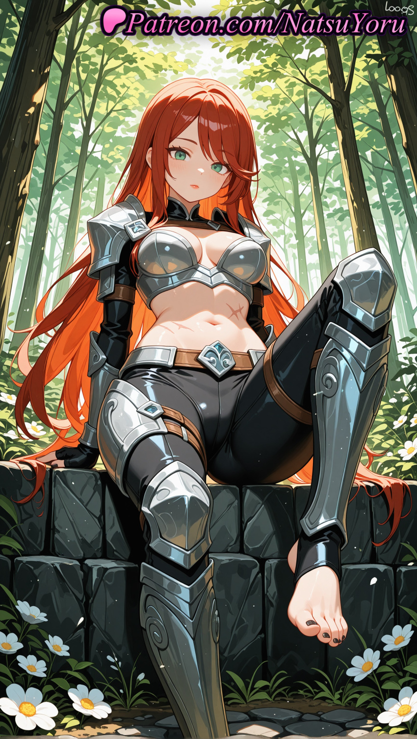 1girl 1girl 1girls 2025 ai ai_assisted ai_generated anime anime_style arm_support armor bangs barefoot belt big_breasts big_breasts bikini_armor black_gloves black_nails black_pants bra breastplate breasts breasts_apart bust cleavage closed_mouth feet female_focus female_only fingerless_gloves flower foot_fetish foot_out_of_frame forest gloves greaves green_eyes hentai high_quality high_res high_res high_resolution katarina knee_up league_of_legends league_of_legends:_wild_rift leg_armor leggings legs long_hair looking_at_viewer medium_breasts midriff nail_polish natsuyoru nature navel no_shoes non-asian orange_hair outside pants parted_lips patreon pauldrons red_hair riot_games scar scar_across_eye scar_on_chest scar_on_face scar_on_stomach shoulder_armor sitting soles solo_female spread_toes stable_diffusion stirrup_legwear stomach thighs toeless_legwear toenail_polish toenails toes tree vambraces very_long_hair voluptuous voluptuous_female white_flower