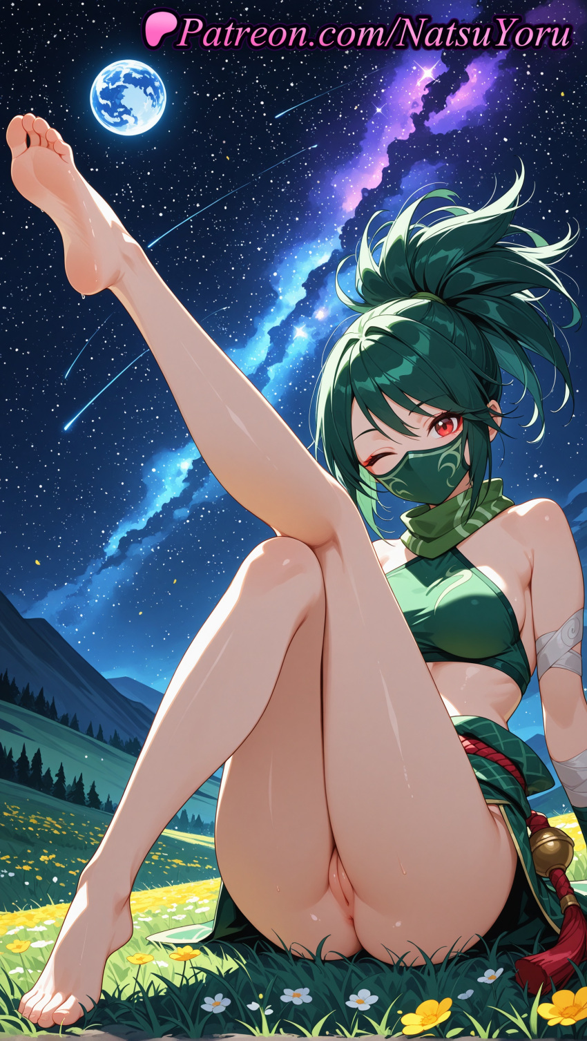 1girl 1girl 1girls 2025 ai ai_assisted ai_generated akali anime anime_style anus anus armpit_crease ass ass bandaged_arm bandages bangs bare_legs bare_shoulders barefoot big_breasts bottomless breasts bust caucasian cleft_of_venus crop_top crossed_legs feet female_focus female_only field flower flower_field foot_fetish full_body full_moon grass green_hair green_shirt green_skirt hentai high_ponytail high_quality high_res high_res high_resolution juicy_butt knee_up labia labia_majora league_of_legends league_of_legends:_wild_rift leg_lift legs legs_up long_hair looking_at_viewer makeup mask medium_breasts medium_hair moon mountain mountainous_horizon mouth_mask natsuyoru night night_sky ninja ninja_mask no_panties non-asian on_grass one_eye_closed outside paipan pale_skin patreon planet ponytail pussy pussy red_eyes riot_games rope_belt scarf shaved_vagina shirt shooting_star sitting skirt sky sleeveless sleeveless_shirt soles solo_female stable_diffusion star_(sky) starry_sky thighs toenails toes uncensored voluptuous voluptuous_female