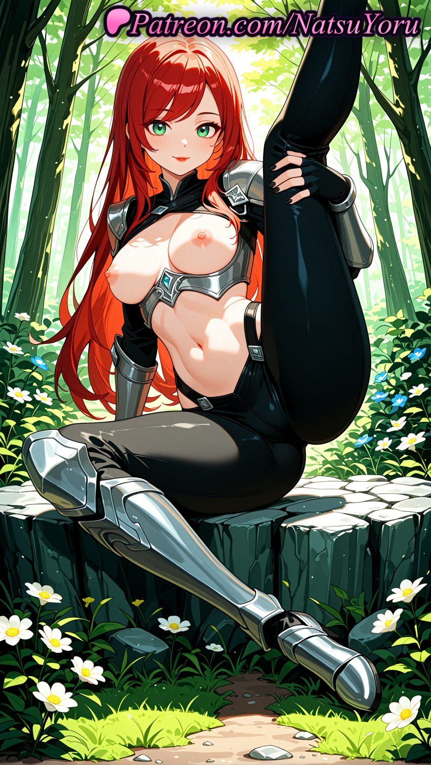 1girl 1girl 1girls 2025 ai ai_assisted ai_generated anime anime_style armor armored_boots bangs big_breasts big_breasts black_gloves black_nails black_pants blush boots breasts bust cameltoe closed_mouth day female_focus female_only fingerless_gloves flower forest gloves grass greaves green_eyes hentai high_quality high_res high_res high_resolution katarina league_of_legends league_of_legends:_wild_rift leg_lift leg_lift long_hair looking_at_viewer medium_breasts nail_polish natsuyoru nature navel nipples nipples_outside non-asian outside pants patreon red_hair red_lips riot_games rock scar shoulder_armor sitting smile solo_female split spread_legs stable_diffusion stomach tree uncensored_nipples vambraces voluptuous voluptuous_female white_flower
