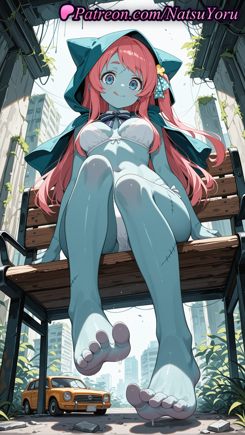1girl 2025 ai_assisted ai_generated animal_hood anime anime_style asian bangs barefoot bench big_breasts bikini blue_eyes blue_skin blush bow bowtie bra breasts broken_window building bust capelet car cleavage closed_mouth colored_skin day feet female_focus female_only foot_fetish foot_focus foreshortening from_below full_body giant giantess ground_vehicle hair_ornament hair_ribbon hentai high_quality high_res high_resolution hood hood_up hooded_capelet legs licking_lips long_hair looking_at_viewer medium_breasts minamoto_sakura motor_vehicle natsuyoru navel non-asian on_vehicle one_side_up outside overgrown panties patreon pink_hair polka_dot polka_dot_bow post-apocalypse post_apocalyptic pov_feet presenting_foot red_hair ribbon ruins scar scar_on_face scar_on_forehead sitting smile soles solo_female stable_diffusion stitches swimsuit thighs toenail_polish toenails toes tongue tongue_out underwear voluptuous voluptuous_female wet white_bikini white_bra white_panties zombie zombie_land_saga