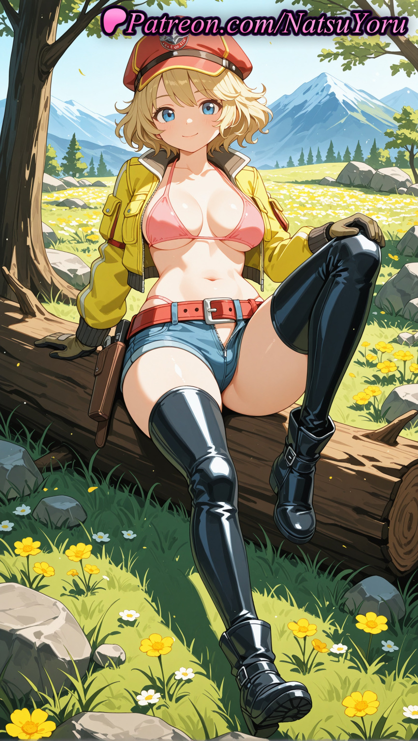 1girl 1girl 1girls 2025 ai ai_assisted ai_generated anime anime_style arm_support bangs belt belt_pouch big_breasts big_breasts bikini bikini_top bikini_top_only bikini_under_clothes black_footwear black_gloves black_thighhighs blonde_hair blue_eyes blue_shorts boots breasts brown_gloves bust cindy_aurum cleavage closed_mouth collarbone cropped_jacket day denim denim_shorts female_focus female_only final_fantasy final_fantasy_xv flower flowers footwear full_body gloves grass gun halterneck hand_on_own_knee hat hentai high_quality high_res high_res high_resolution highleg jacket knee_up leather_boots lips log long_sleeves looking_at_viewer loose_belt makeup medium_breasts micro_shorts midriff mountain natsuyoru nature navel no_shirt open_clothes open_fly open_jacket outside patreon pink_bikini pink_panties pouch red_belt red_bikini red_headwear rock short_hair short_shorts shorts sitting sky smile solo_female stable_diffusion stockings stomach string_bikini swimsuit thigh_high_boots thighs tree tree_stump under_boob unzipped utility_belt voluptuous voluptuous_female weapon white_flower yellow_flower yellow_jacket zipper