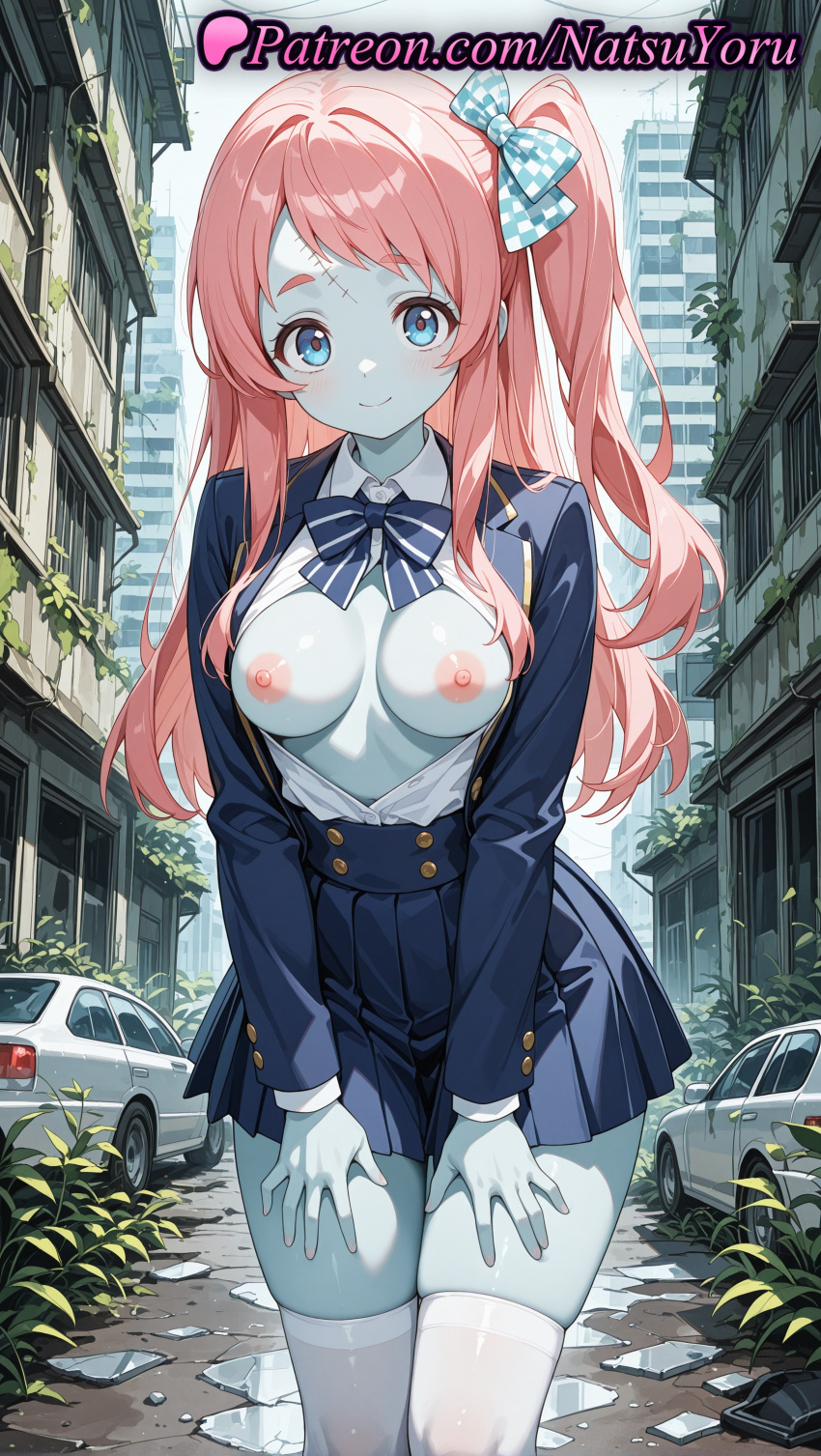 1girl 2025 ahoge ai_assisted ai_generated anime anime_style bangs big_breasts blazer blue_bow blue_bowtie blue_eyes blue_jacket blue_skin blue_skirt blush bow bowtie breasts breasts_out breasts_outside broken_glass building bust buttons car city closed_mouth collared_shirt colored_skin cowboy_shot day dress_shirt erect_nipples female_focus female_only female_solo ground_vehicle hair_bow hair_ribbon hands_on_own_thighs hentai high-waist_skirt high_quality high_res high_resolution jacket long_hair long_sleeves looking_at_viewer medium_breasts minamoto_sakura miniskirt motor_vehicle natsuyoru nipples nipples_outside no_bra one_side_up open_clothes open_jacket open_shirt outside partially_unbuttoned patreon pink_hair plaid_bow plaid_bowtie pleated_skirt polka_dot polka_dot_bow red_hair ribbon ring scar scar_on_face scar_on_forehead school_uniform shirt side_ponytail skindentation skirt smile solo_female stable_diffusion standing stockings striped_bow striped_bowtie unbuttoned unbuttoned_shirt uncensored_nipples voluptuous voluptuous_female white_shirt white_thighhighs zettai_ryouiki zombie zombie_land_saga