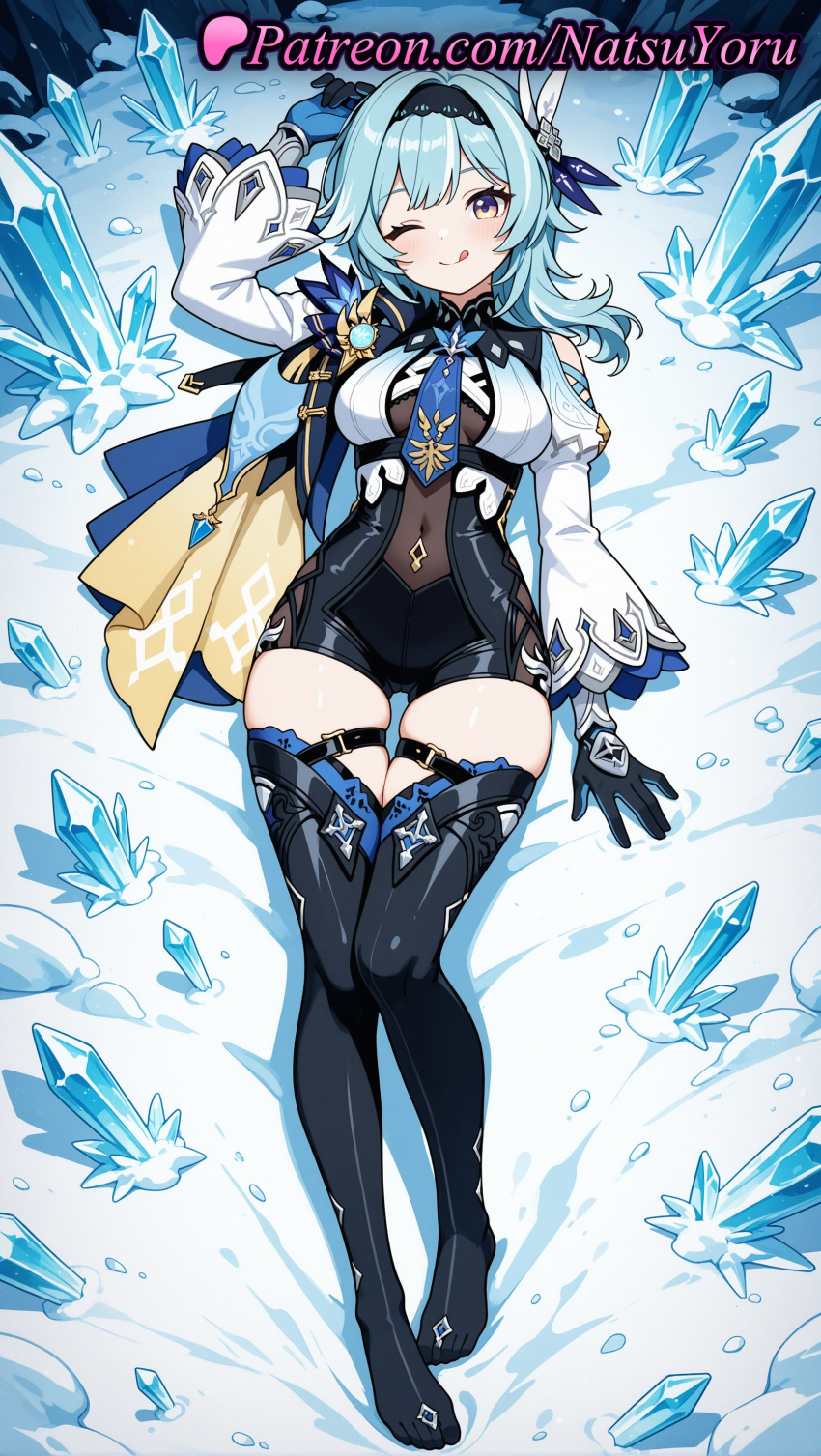 1girl 1girls 2025 ai ai_assisted ai_generated anime anime_style arm_up bangs big_breasts black_footwear black_gloves black_hairband black_leotard black_thighhighs blue_cape blue_gloves blue_hair blue_necktie blush bodystocking bodysuit boots breasts bust cape closed_mouth clothing_cutout covered_navel dakimakura_(medium) eula_(genshin_impact) eula_(genshin_impact)_(cosplay) female_focus female_only full_body genshin_impact gloves hair_ornament hairband hentai high-waist_shorts high_heels high_quality high_res high_res high_resolution hoyoverse ice leotard long_sleeves looking_at_viewer lying medium_breasts medium_hair mihoyo mihoyo_technology_(shanghai)_co._ltd. natsuyoru neck_tie on_back one_eye_closed patreon puffy_sleeves purple_eyes shorts shoulder_cutout skindentation smile snow solo_female stable_diffusion stockings thigh_gap thigh_high_boots thigh_strap thighs tongue tongue_out two-tone_gloves vision_(genshin_impact) voluptuous voluptuous_female wide_hips wide_sleeves yellow_eyes