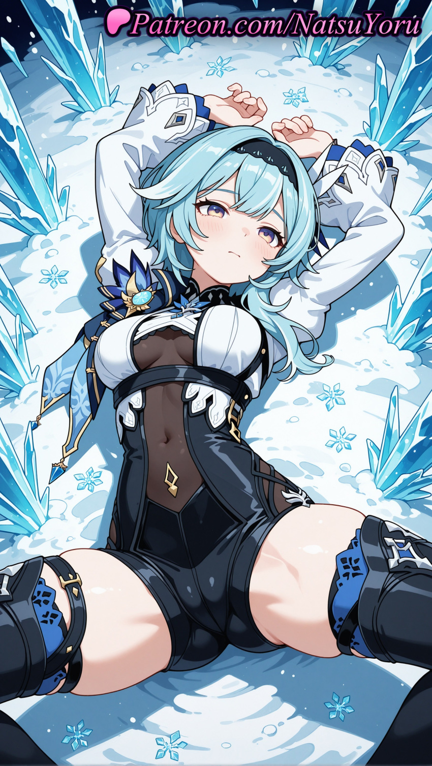 1girl 1girl 1girls 2025 ai ai_assisted ai_generated anime anime_style arms_up bangs big_breasts black_hairband black_leotard black_thighhighs blue_hair blue_necktie blush bodystocking bodysuit boots breasts bust cameltoe closed_mouth covered_navel eula_(genshin_impact) eula_(genshin_impact)_(cosplay) female_focus female_only genshin_impact hair_ornament hairband hentai high-waist_shorts high_quality high_res high_res high_resolution hoyoverse ice leotard long_sleeves looking_at_viewer lying medium_breasts medium_hair mihoyo mihoyo_technology_(shanghai)_co._ltd. natsuyoru neck_tie on_back patreon purple_eyes short_hair skindentation snow snowflakes solo_female spread_legs stable_diffusion stockings thigh_high_boots thighs vision_(genshin_impact) voluptuous voluptuous_female yellow_eyes