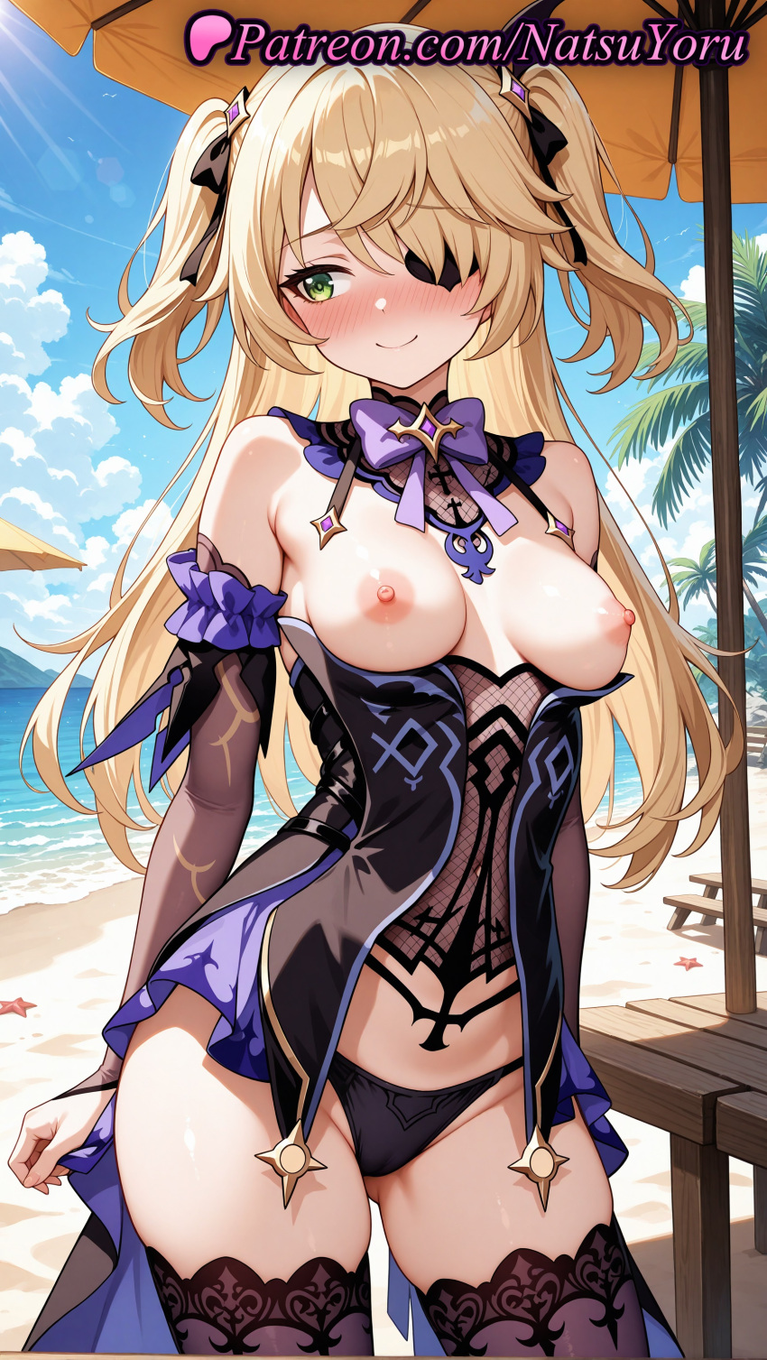 1girl 2025 ai_assisted ai_generated anime anime_style asian ass_visible_through_thighs averting_eyes bangs bare_shoulders beach beach_umbrella big_breasts bikini bikini_bottom_only black_bikini black_dress black_panties black_ribbon black_thighhighs blonde_hair blue_sky blush bodystocking bow bowtie breasts breasts_out bridal_gauntlets bust cameltoe closed_mouth cloud cowboy_shot day detached_collar detached_sleeves dress eyepatch female_focus female_only female_solo fischl_(ein_immernachtstraum)_(genshin_impact) fischl_(genshin_impact) garter_straps genshin_impact gloves green_eyes hair_ornament hair_over_one_eye hair_ribbon hentai high_quality high_res high_resolution hoyoverse long_hair looking_at_viewer looking_away looking_to_the_side medium_breasts mihoyo mihoyo_technology_(shanghai)_co._ltd. natsuyoru nipples nipples_outside non-asian outside palm_tree panties patreon purple_bow purple_bowtie ribbon single_thighhigh sky smile solo_female stable_diffusion standing starfish stockings swimsuit thighs twin_tails two_side_up umbrella uncensored_nipples underwear voluptuous voluptuous_female water