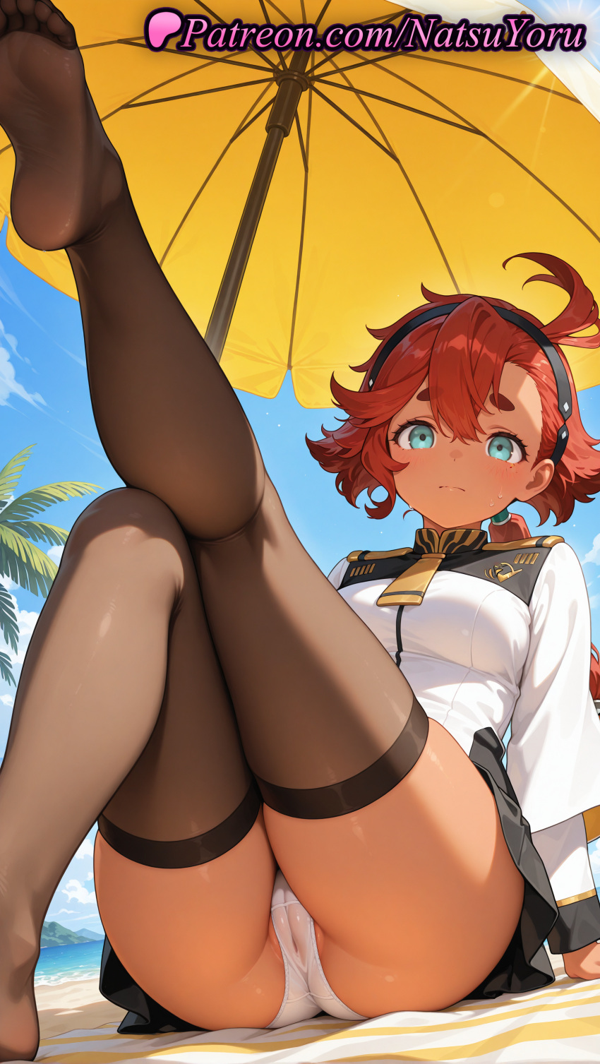 1girl 2025 ahoge ai_assisted ai_generated anime anime_style aqua_eyes arm_support artist_name ass asticassia_school_uniform bangs beach beach_umbrella big_breasts black_hairband black_legwear black_skirt black_thighhighs blue_eyes blue_sky blush breasts brown_thighhighs bust cameltoe closed_mouth clothing dark-skinned_female dark_skin day feet female_focus female_only foot_fetish foot_out_of_frame gundam gundam_suisei_no_majo hair_between_eyes hairband hentai high_quality high_res high_resolution juicy_butt leg_lift legs legs_up long_hair long_sleeves looking_at_viewer low_ponytail medium_breasts miniskirt natsuyoru no_shoes outside palm_tree panties pantyshot partially_visible_vulva patreon pleated_skirt pov_feet red_hair school_uniform see-through shoulder_boards sitting skirt sky soles solo_female stable_diffusion stockings suletta_mercury tan thick_eyebrows thick_thighs thighs toes tree umbrella underwear upskirt voluptuous voluptuous_female wet white_jacket white_panties yellow_necktie