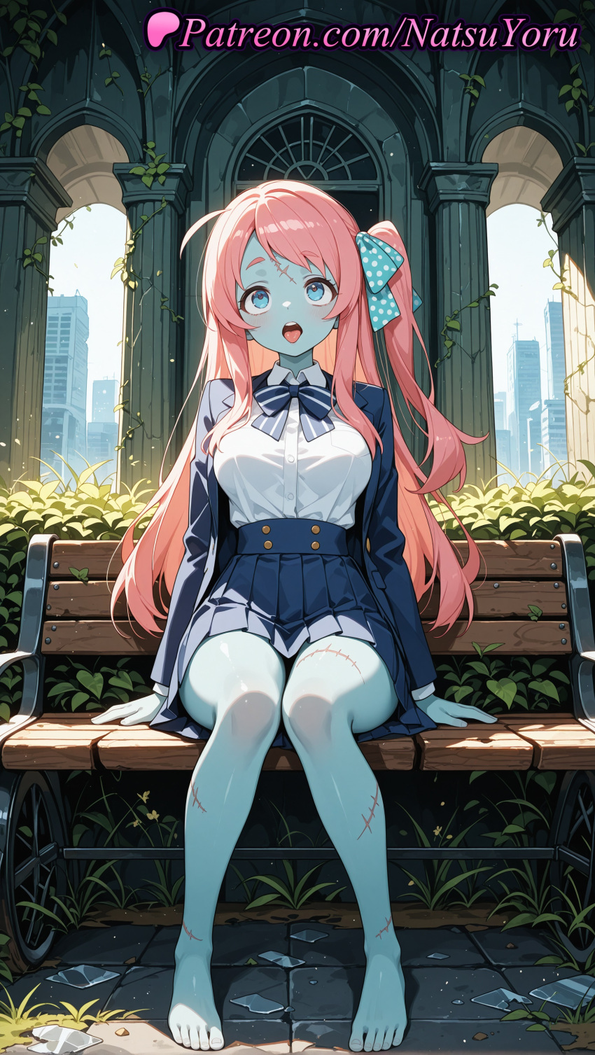 1girl 2025 ahoge ai_assisted ai_generated anime anime_style asian bangs bare_legs barefoot bench big_breasts black_bowtie blazer blouse blue_bow blue_bowtie blue_eyes blue_jacket blue_skin blue_skirt blush bow bowtie breasts broken_window building bust collared_shirt colored_skin crack day feet female_focus female_only female_solo full_body grass hair_bow hair_ribbon hentai high-waist_skirt high_quality high_res high_resolution jacket knees_together_feet_apart legs long_hair long_sleeves looking_at_viewer minamoto_sakura miniskirt natsuyoru on_bench one_side_up open_clothes open_jacket open_mouth outside overgrown panties patreon pink_hair plant pleated_skirt polka_dot polka_dot_bow polka_dot_ribbon red_hair ribbon ruins scar scar_on_face scar_on_forehead school_uniform shirt shirt_tucked_in side_ponytail sitting skirt smile solo_female stable_diffusion stitches swept_bangs teeth thighs toenails toes tongue tongue_out underbust upper_teeth_only voluptuous voluptuous_female white_shirt zombie zombie_land_saga