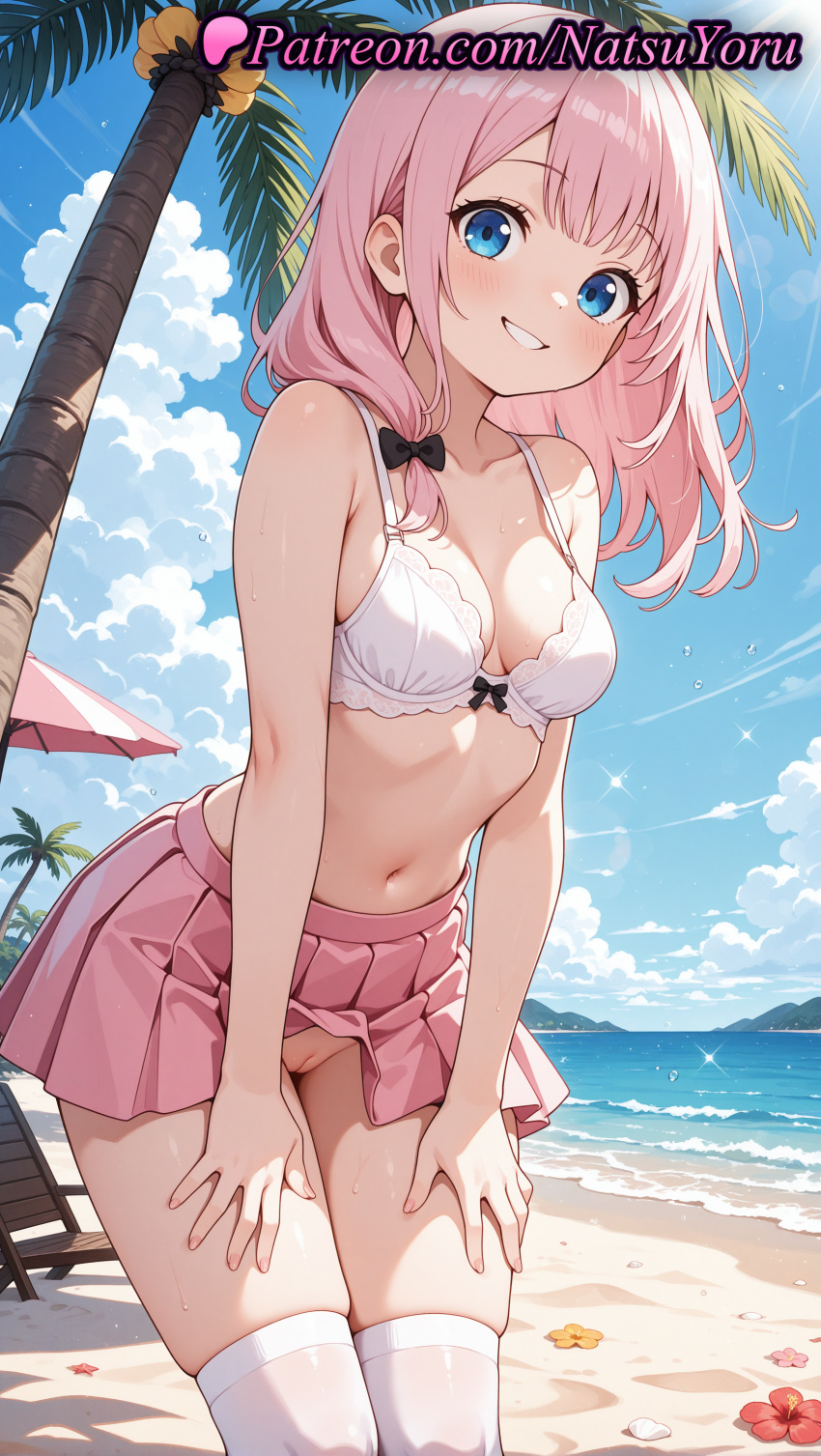 1girl 1girl 1girls 2025 ai ai_assisted ai_generated anime anime_style asian bangs bare_arms bare_shoulders beach beach_chair beach_umbrella big_breasts bikini_top_only black_bow blue_eyes blue_sky blunt_bangs blush bow bow_bra bra breasts bust cleavage cleft_of_venus clothes_lift cloud collarbone cowboy_shot day female_focus female_only flower fujiwara_chika grin hair_bow hands_on_own_thighs hentai high_quality high_res high_res high_resolution kaguya-sama_wa_kokurasetai_~tensai-tachi_no_renai_zunousen~ long_hair looking_at_viewer medium_breasts medium_hair miniskirt natsuyoru navel no_panties no_shirt ocean outside paipan palm_tree parted_lips patreon pink_hair pink_skirt pleated_skirt pussy pussy red_flower skindentation skirt sky smile solo_female stable_diffusion standing stockings stomach sweat thighs tree umbrella uncensored underwear voluptuous voluptuous_female water white_bra white_legwear white_thighhighs