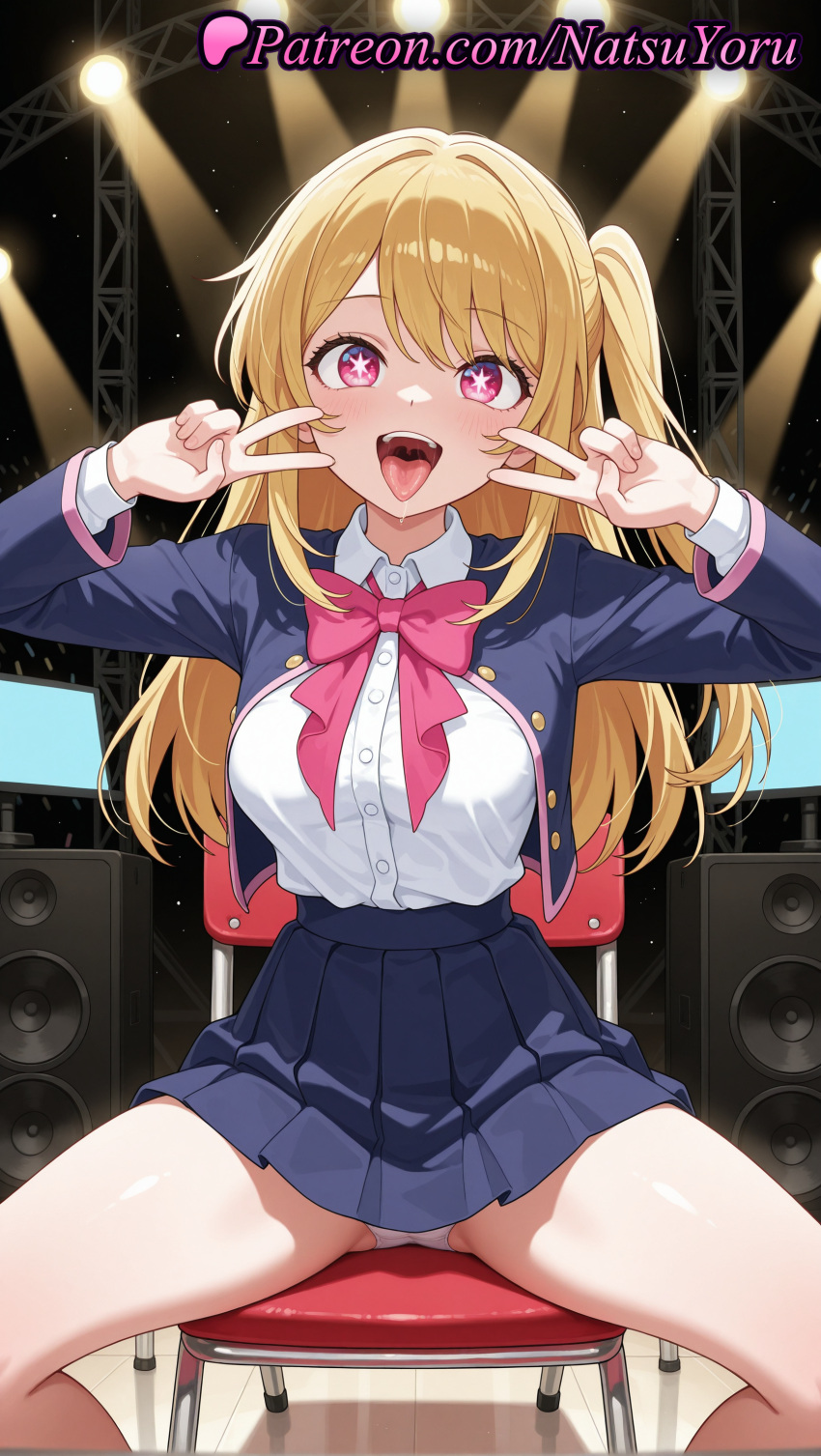 1girl 1girl 1girls ai_generated anime anime_style bangs big_breasts big_breasts blazer blonde_hair blouse blue_jacket blue_skirt blush bow bowtie breasts bust buttons chair collared_shirt cropped_jacket double_v dress_shirt feet_out_of_frame female_focus female_only hair_between_eyes hands_up hentai high_quality high_res high_res high_resolution hoshino_ruby indoors jacket long_hair long_sleeves looking_at_viewer medium_breasts miniskirt mismatched_pupils natsuyoru on_chair one_side_up open_clothes open_jacket open_mouth oshi_no_ko panties panties pantyshot patreon pink_bow pink_bowtie pink_eyes pleated_skirt saliva school_uniform shirt shirt_tucked_in sidelocks sitting skirt smile solo_female speaker spotlight spread_legs stage stage_lights star-shaped_pupils star_(symbol) star_in_eye symbol-shaped_pupils symbol_in_eye teeth thighs tongue tongue_out underwear upper_teeth_only v v_over_eye voluptuous voluptuous_female white_panties white_shirt youtou_high_school_uniform