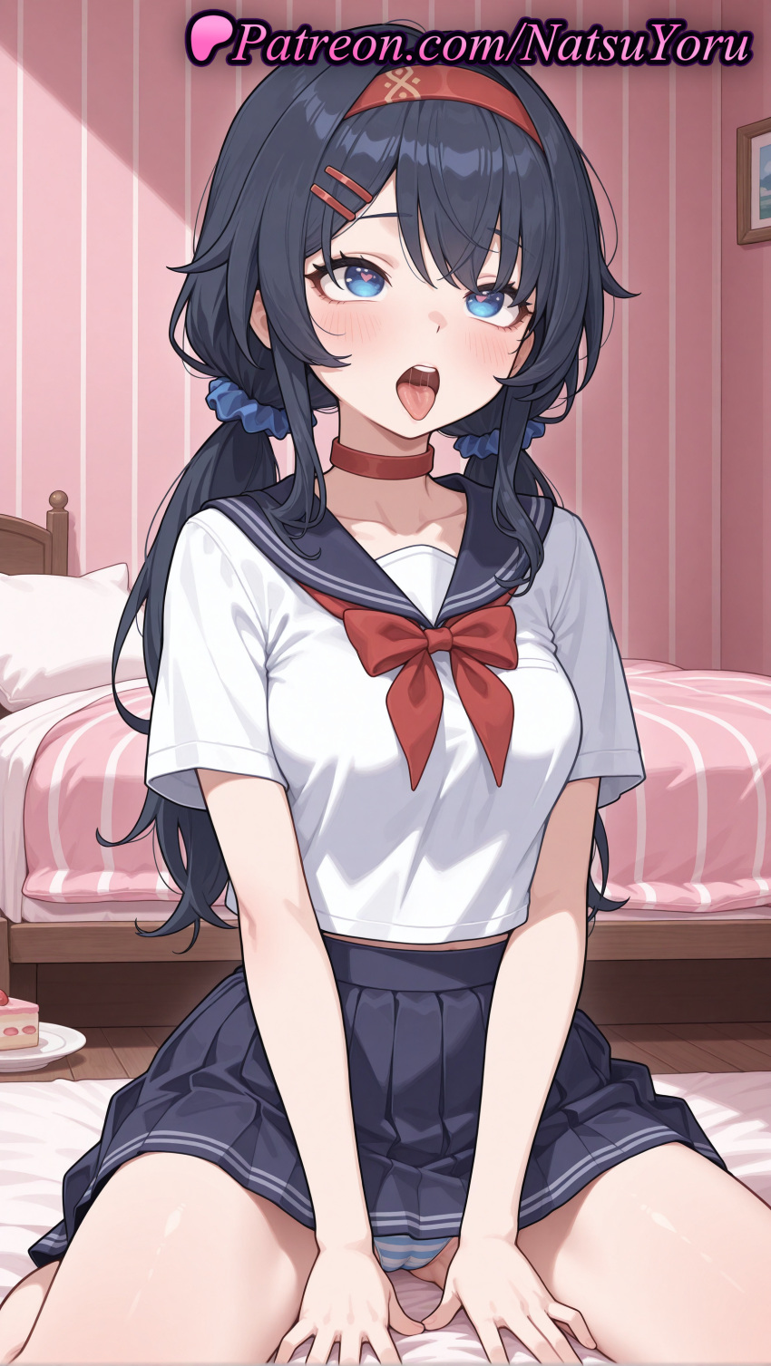 1girl 2025 ahegao ai_generated anime anime_style bangs bed bedroom big_breasts black_hair black_skirt blue_eyes blue_hair blue_panties blue_scrunchie blue_skirt blush bow bowtie breasts bust cake cameltoe choker collarbone crazy_mita_(miside) female_focus female_only female_solo food hair_ornament hair_scrunchie hairband hairclip heart heart-shaped_pupils hentai high_quality high_res high_resolution indoors long_hair looking_at_viewer low_twintails medium_breasts miniskirt miside mita_(miside) natsuyoru neckerchief on_bed open_mouth panties pantyshot patreon pillow pleated_skirt red_bow red_bowtie red_choker red_hairband sailor_collar sailor_uniform school_uniform scrunchie serafuku shirt short_sleeves sitting skirt solo_female stable_diffusion striped striped_clothes striped_panties symbol-shaped_pupils teeth thighs tongue tongue_out twin_tails underwear voluptuous voluptuous_female wariza white_panties white_shirt