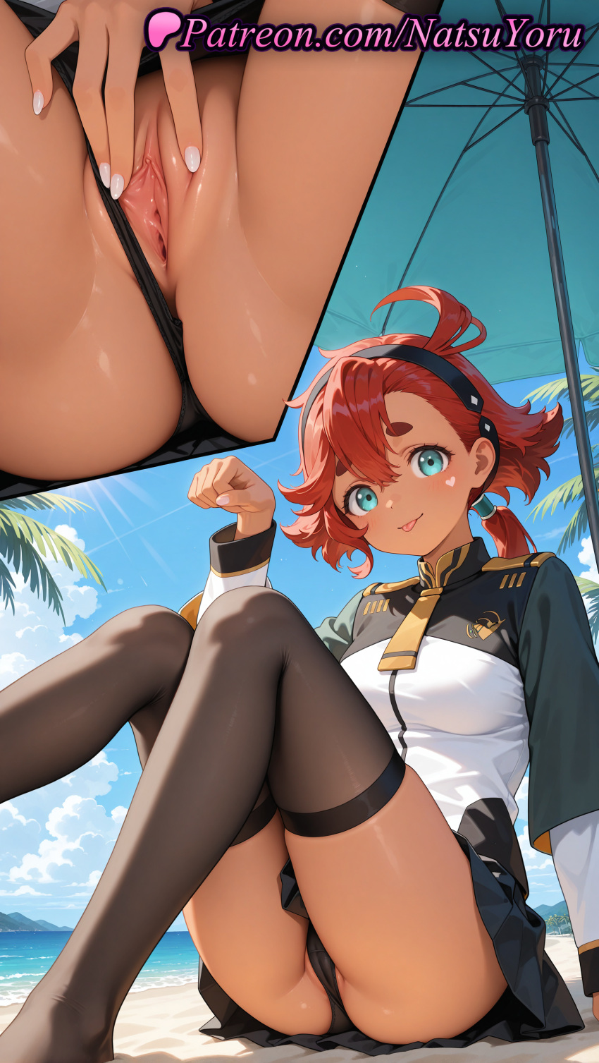 1girl 2025 ahoge ai_assisted ai_generated anime anime_style anus aqua_eyes artist_name ass asticassia_school_uniform bangs beach beach_umbrella big_breasts black_hairband black_legwear black_panties black_skirt black_thighhighs blue_eyes blue_sky blush breasts bust clitoris clothing_aside cloud dark-skinned_female dark_skin day feet_out_of_frame female_focus female_only gundam gundam_suisei_no_majo hair_between_eyes hairband hentai high_quality high_res high_resolution jacket juicy_butt knees_up labia labia_majora legs long_hair long_sleeves looking_at_viewer low_ponytail medium_breasts miniskirt multiple_views nail_polish natsuyoru neck_tie no_shoes non-asian ocean outside palm_tree panties panties_aside patreon paw_pose pink_nails pleated_skirt pussy pussy_lips pussy_peek red_hair sand school_uniform shoulder_boards sitting skirt sky smile solo_female spread_pussy stable_diffusion stockings suletta_mercury thick_eyebrows thighs tongue tongue_out umbrella uncensored underwear upskirt voluptuous voluptuous_female vulva white_jacket white_nails yellow_necktie