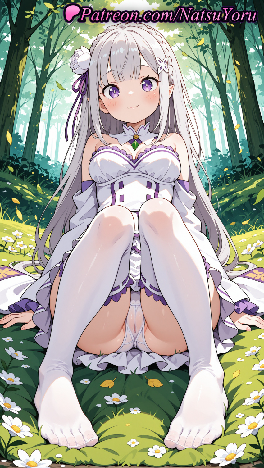 1girl 1girl 1girls 2025 ai ai_assisted ai_generated anime anime_style arms_at_sides asian bangs bare_shoulders big_breasts blunt_bangs blush braid breasts bust cameltoe cleavage closed_mouth crown_braid day detached_collar detached_sleeves dress dress_lift elf elf_ears emilia_(re:zero) falling_leaves feet female_focus female_only flower flowers foot_fetish foreshortening forest frilled_dress frilled_sleeves frills full_body gem grass grey_hair hair_flower hair_ornament hair_ribbon hentai high_quality high_res high_res high_resolution juicy_butt knees_together_feet_apart knees_up leaf legs long_hair long_sleeves looking_at_viewer medium_breasts natsuyoru nature no_shoes on_grass on_ground outside panties panties pantyshot partially_visible_vulva patreon pointed_ears pointy_ears purple_eyes purple_hair purple_ribbon pussy re:zero_kara_hajimeru_isekai_seikatsu ribbon rose see-through sidelocks silver_hair sitting smile solo_female stable_diffusion stockings strapless strapless_dress toenails toes tree underwear upskirt very_long_hair voluptuous voluptuous_female wet_clothes wet_panties white_dress white_flower white_hair white_legwear white_panties white_rose white_sleeves white_thighhighs wide_sleeves x_hair_ornament