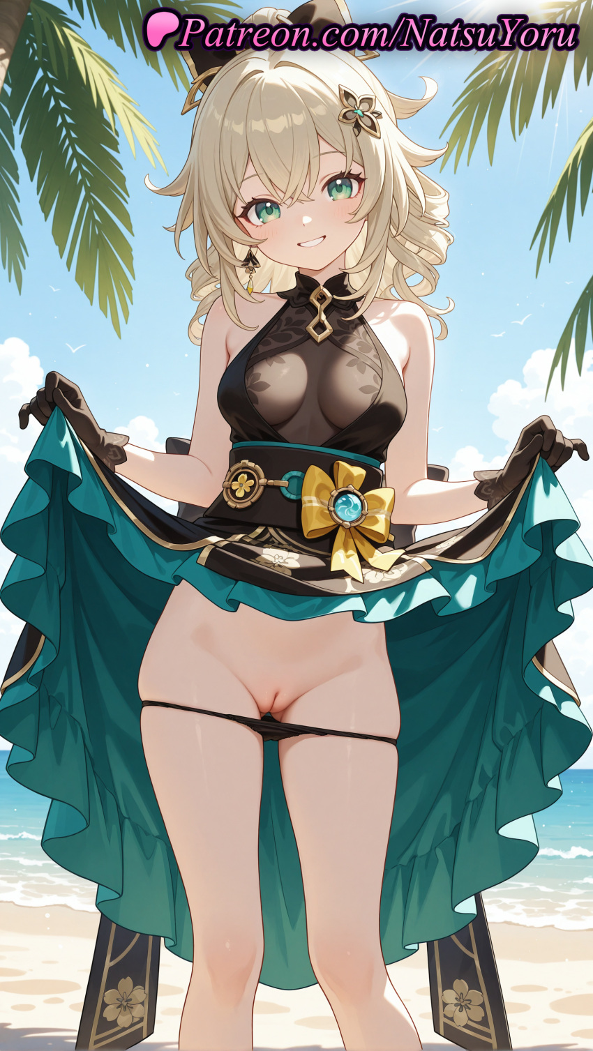 1girl 1girl 1girls 2025 adapted_costume ai ai_generated animal_ears anime anime_style asian bangs bare_shoulders beach big_breasts black_bow black_dress black_gloves black_panties blonde_hair blue_sky blush bow breasts breasts_apart bust cat_ears cleft_of_venus clothes_lift cloud crossed_bangs day dress dress_lift drill_hair earrings feet_out_of_frame female_focus female_only genshin_impact gloves green_eyes grin hair_between_eyes hair_bow hair_ornament hentai high_quality high_res high_res high_resolution jewelry kirara_(genshin_impact) lifted_by_self long_hair looking_at_viewer medium_breasts multicolored_clothes natsuyoru nipples_outside ocean outside paipan palm_tree panties panties panty_pull patreon ponytail pussy pussy see-through see-through_dress shaved_vagina skindentation skirt skirt_lift sky sleeveless sleeveless_dress smile solo_female stable_diffusion standing thighs tree uncensored uncensored_nipples underwear vision_(genshin_impact) voluptuous voluptuous_female water