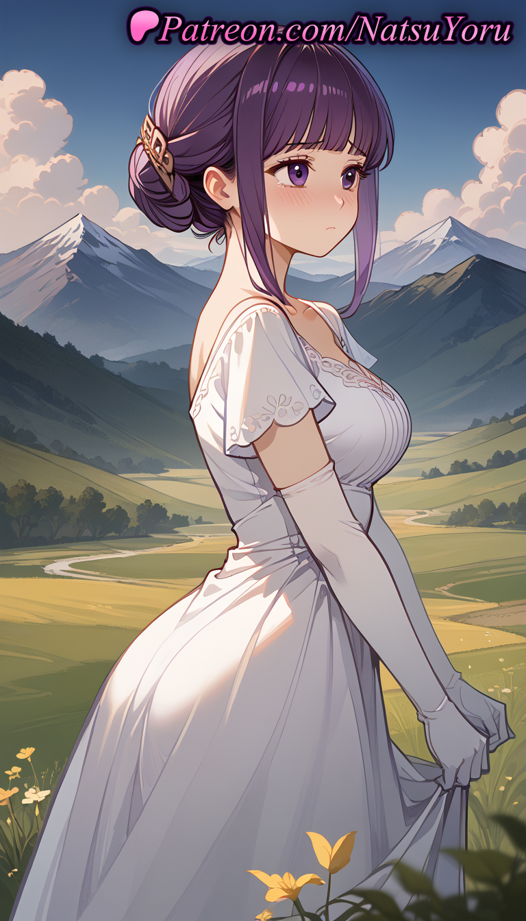 1girl 2025 ai_assisted ai_generated alternate_hairstyle anime anime_style artist_name bangs big_breasts blue_sky blunt_bangs blush breasts bust closed_mouth clothing cloud collarbone cut_bangs day dress elbow_gloves female_focus female_only female_solo fern_(sousou_no_frieren) field flower flowers from_side gloves hair_bun hair_ornament hair_up hentai high_quality high_res high_resolution long_dress long_hair medium_breasts mountain mountainous_horizon natsuyoru outside patreon purple_eyes purple_hair short_sleeves sidelocks single_hair_bun skirt_hold sky solo_female sousou_no_frieren stable_diffusion standing tears tied_hair voluptuous voluptuous_female white_dress white_gloves yellow_flower
