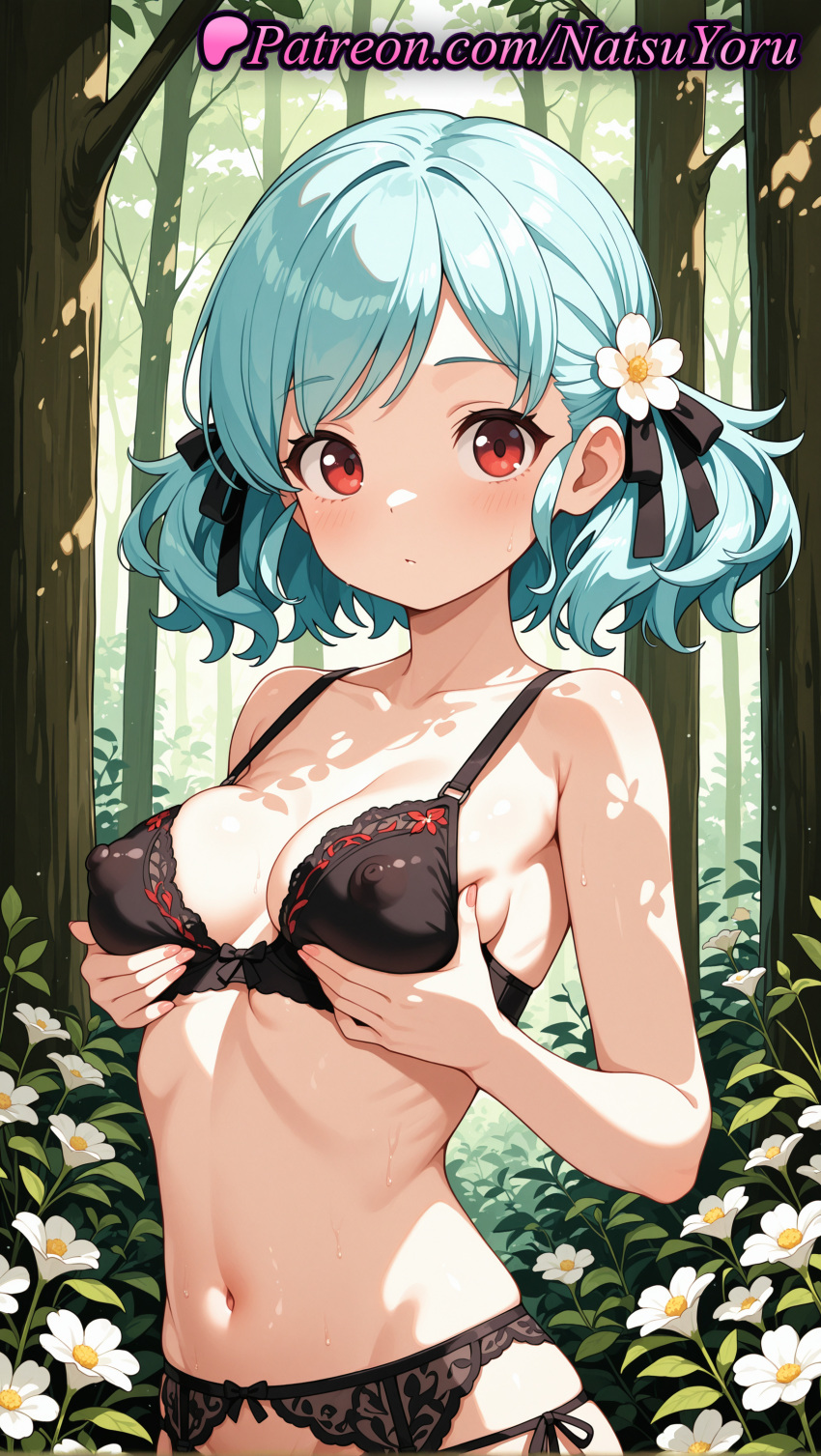 1girl 2025 :/ ai_assisted ai_generated anime anime_style aqua_hair bangs bare_arms bare_shoulders big_breasts black_bra black_panties black_ribbon blue_hair blush bow bow_bra bra breast_lift breasts bush bust cleavage closed_mouth collarbone covered_nipples day female_focus female_only female_solo flower flowers forest garter_belt girls_frontline grabbing_own_breast hair_flower hair_ornament hair_ribbon hentai high_quality high_res high_resolution lace-trimmed_bra lace_trim lingerie looking_at_viewer lowleg_panties medium_breasts medium_hair natsuyoru nature navel outside panties patreon plant red_eyes ribbon short_hair side-tie_panties solo_female spas-12_(girls_frontline) stable_diffusion stomach string_panties sweat swept_bangs tree twin_tails underwear underwear_only upper_body voluptuous voluptuous_female white_flower