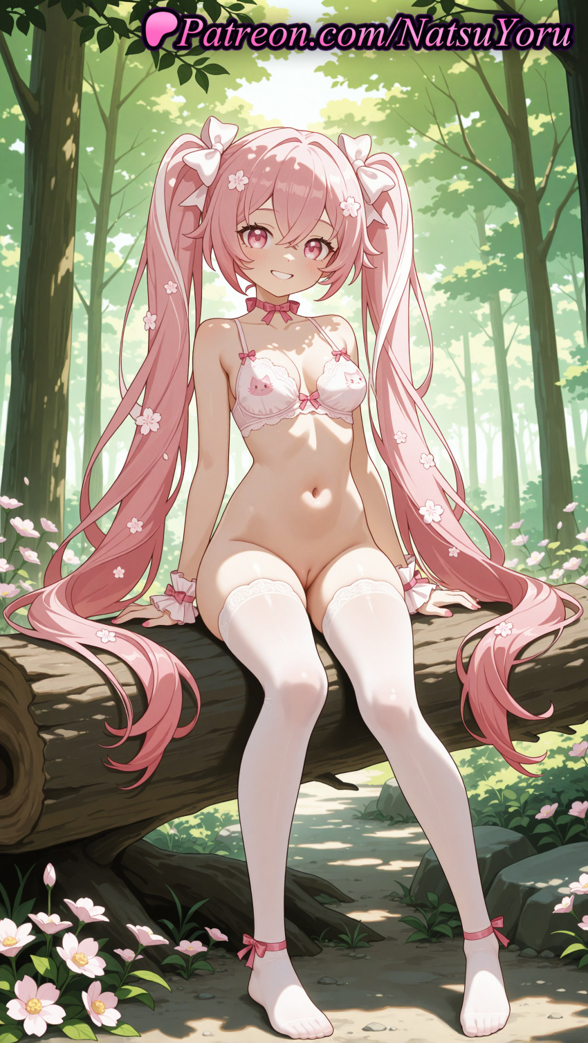 1girl 2025 ai_generated anime anime_style ankle_ribbon bangs bare_shoulders big_breasts bikini_top bottomless bow bow_bra bra breasts bust choker cleavage cleft_of_venus clothing collarbone crossed_bangs day feet female_focus female_only floral_print flower flowers foot_fetish forest frilled_bra full_body grin hair_between_eyes hair_bow hair_flower hair_intakes hair_ornament hentai high_quality high_res high_resolution hololive hololive_gamers hololive_gen_0 hololive_gen_1 hololive_japan leg_ribbon legs lingerie log long_hair looking_at_viewer medium_breasts natsuyoru nature navel no_panties no_shoes non-asian outside paipan patreon pink_bow pink_choker pink_eyes pink_flower pink_hair pink_nails pink_ribbon plant pussy red_eyes ribbon ribbon_choker sakura_miko sitting small_breasts smile solo_female stable_diffusion stockings stomach teeth thighs toenails toes tree twin_tails uncensored underwear underwear_only very_long_hair voluptuous voluptuous_female white_bow white_bra white_legwear white_thighhighs wrist_cuffs
