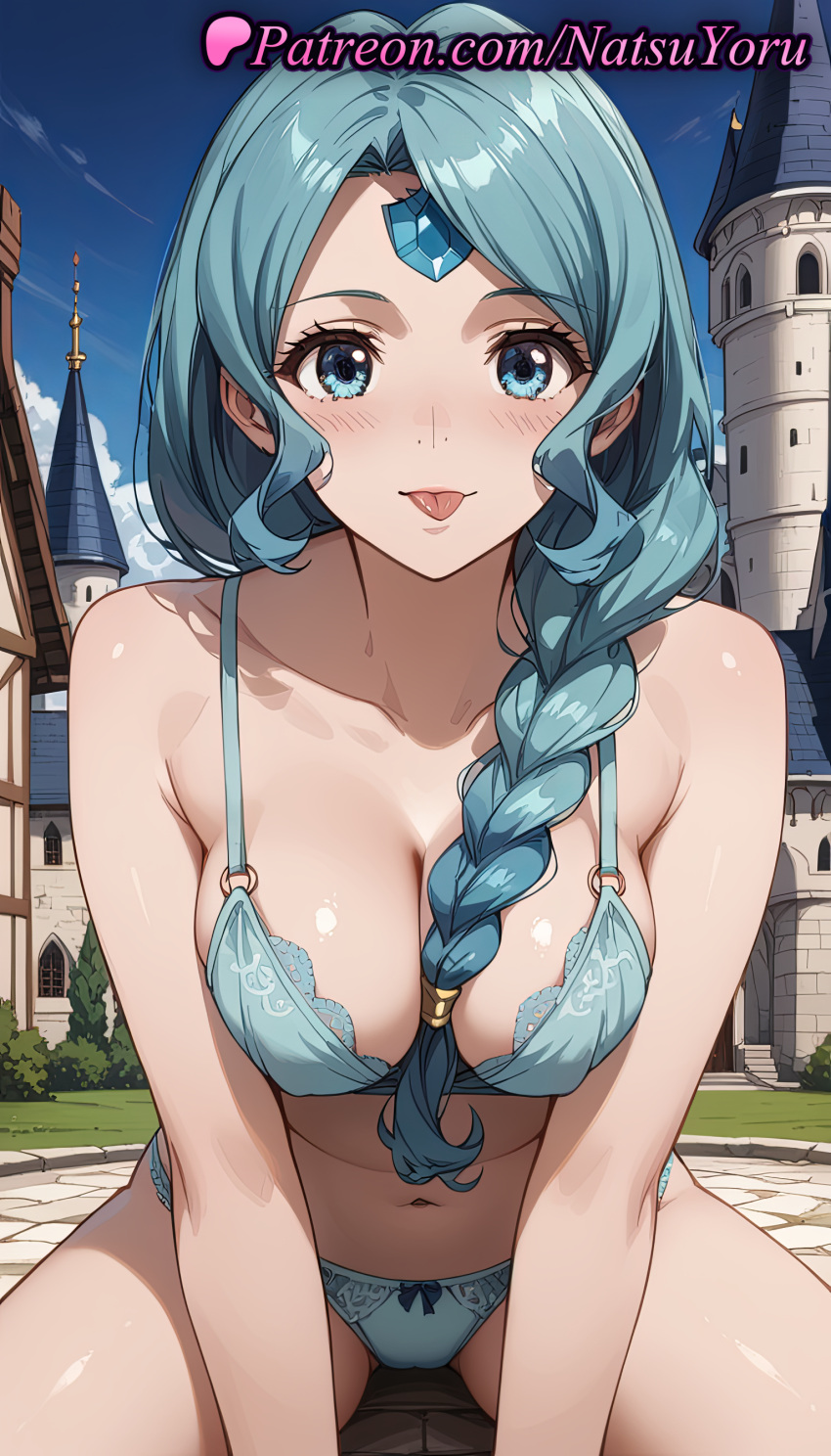 1girl 2025 ai_generated anime anime_style aqua_bra aqua_eyes aqua_hair aqua_panties bangs bare_shoulders between_breasts big_breasts bikini blue_bra blue_eyes blue_hair blue_panties blue_sky blush bow_bra bow_panties bra braid braided_ponytail breasts bust castle cleavage collarbone day female_focus female_only female_solo forehead_jewel hair_ornament hair_over_shoulder hentai high_quality high_res high_resolution lingerie long_hair looking_at_viewer medium_breasts natsuyoru navel outside panties parted_bangs patreon single_braid sitting sky smile solo_female solo_focus stable_diffusion stomach swimsuit tate_no_yuusha_no_nariagari the_rising_of_the_shield_hero therese_alexanderite thighs tongue tongue_out underwear underwear_only voluptuous voluptuous_female