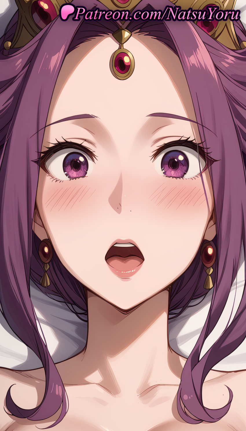 1girl 2025 ai_generated anime anime_style artist_name bare_shoulders big_breasts blush breasts bust close-up collarbone crown earrings female_focus female_only forehead forehead_jewel gem hentai high_quality high_res high_resolution jewelry lips looking_at_viewer lying mirelia_q_melromarc natsuyoru nude nude_female on_back open_mouth parted_bangs patreon portrait purple_eyes purple_hair solo_female stable_diffusion tate_no_yuusha_no_nariagari teeth the_rising_of_the_shield_hero tiara upper_teeth_only voluptuous voluptuous_female