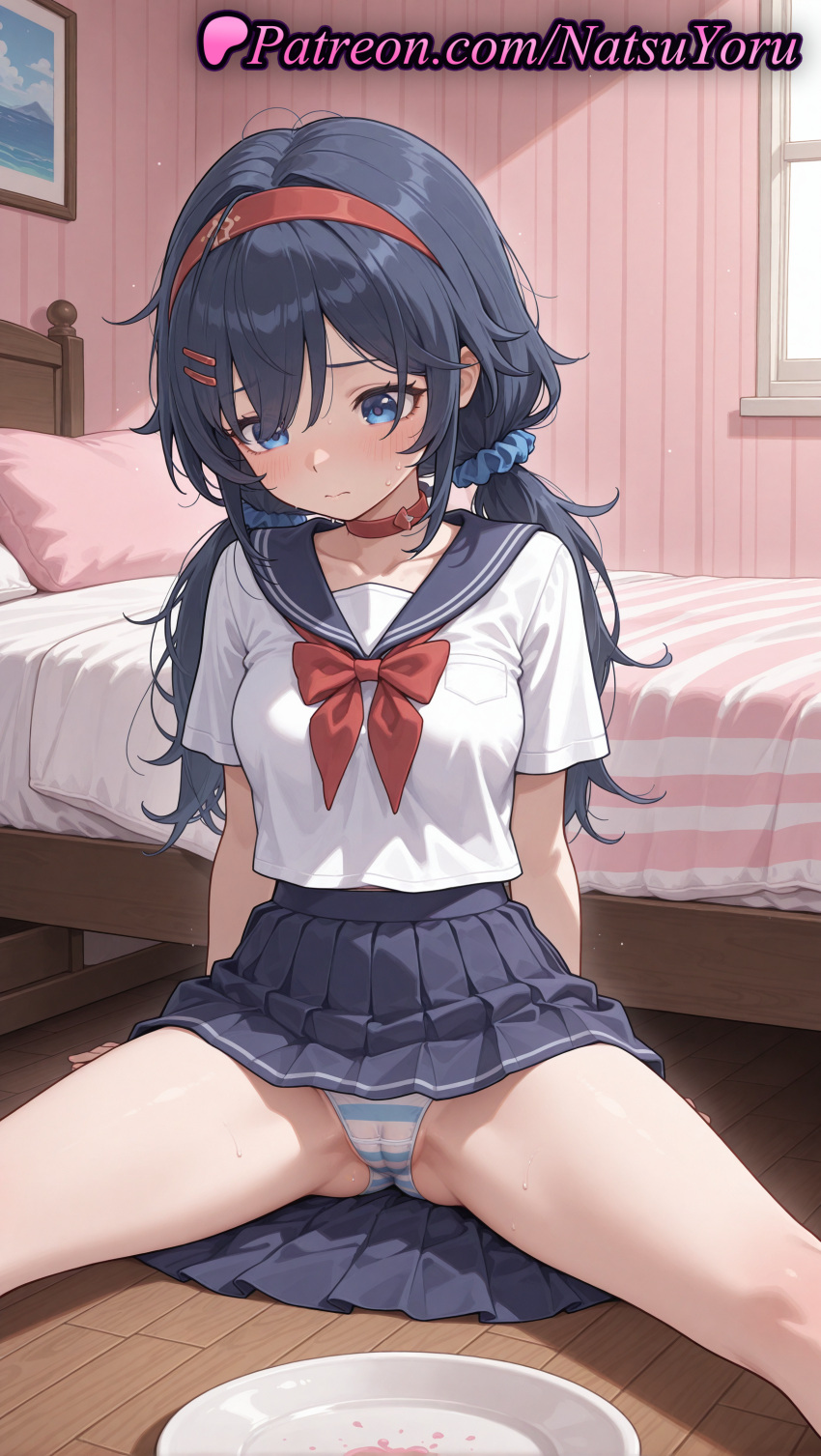 1girl 2025 ai_generated anime anime_style asian ass_visible_through_thighs bangs bed bedroom big_breasts black_hair blue_eyes blue_hair blue_panties blue_sailor_collar blue_scrunchie blue_skirt blush bow bowl bowtie breasts bust cameltoe choker closed_mouth collarbone crazy_mita_(miside) female_focus female_only female_solo hair_between_eyes hair_ornament hair_scrunchie hairband hairclip hentai high_quality high_res high_resolution indoors long_hair looking_at_viewer low_twintails medium_breasts miniskirt miside mita_(miside) natsuyoru neckerchief panties pantyshot patreon pillow plate pleated_skirt red_bow red_bowtie red_choker red_hairband red_neckerchief sailor_collar sailor_uniform school_uniform scrunchie serafuku shirt short_sleeves sitting skirt solo_female spread_legs stable_diffusion striped striped_clothes striped_panties sweat thighs twin_tails underwear voluptuous voluptuous_female white_shirt window wooden_floor