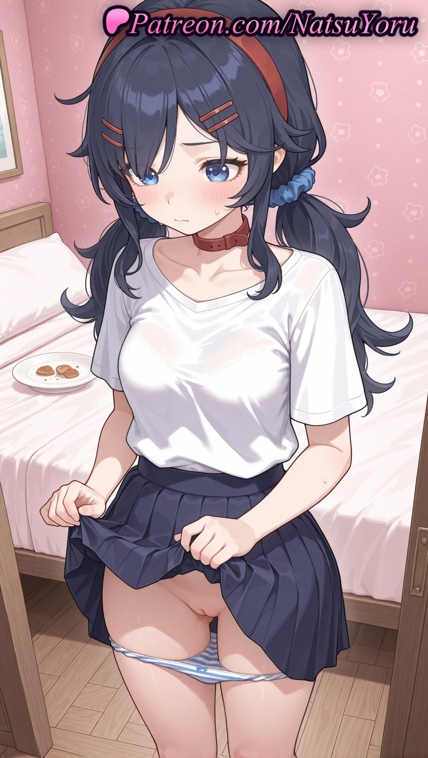1girl 2025 ai_generated anime anime_style bangs bed bedroom belt_collar big_breasts black_hair black_skirt blue_eyes blue_hair blue_panties blue_scrunchie blush bow bra bra_visible_through_clothes breasts bust cleft_of_venus closed_mouth clothes_lift collar collarbone cookie crazy_mita_(miside) feet_out_of_frame female_focus female_only female_solo food hair_ornament hair_scrunchie hairband hairclip hentai high_quality high_res high_resolution indoors lifted_by_self long_hair low_twintails medium_breasts miside mita_(miside) natsuyoru panties panties_down panty_pull patreon plate pleated_skirt pussy pussy_juice red_collar red_hairband scrunchie see-through see-through_shirt shirt short_sleeves skirt skirt_lift solo_female stable_diffusion standing striped striped_clothes striped_panties thighs twin_tails uncensored underwear voluptuous voluptuous_female white_shirt wooden_floor