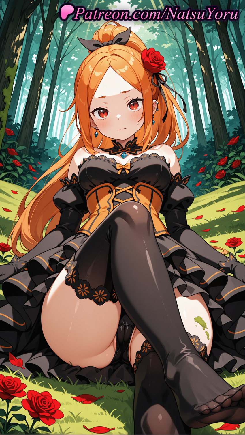 1girl 2025 ai_assisted ai_generated anime anime_style ass bangs bare_shoulders big_breasts black_dress black_gloves black_panties black_ribbon black_thighhighs blush bow breasts bust cameltoe choker closed_mouth corset crossed_legs detached_collar detached_sleeves dress earring earrings elbow_gloves feet female_focus female_only female_solo flower flowers foot_fetish foot_out_of_frame forehead forest frilled_dress frills gloves grass hair_bow hair_flower hair_ornament hair_ribbon hentai high_ponytail high_quality high_res high_resolution jewelry juicy_butt juliet_sleeves legs long_hair long_sleeves looking_at_viewer medium_breasts natsuyoru nature necklace no_shoes on_grass orange_hair outside panties pantyshot parted_bangs patreon petals ponytail priscilla_barielle puffy_sleeves re:zero_kara_hajimeru_isekai_seikatsu red_eyes red_flower red_rose ribbon rose sitting soles solo_female stable_diffusion stockings strapless strapless_dress thighs tied_hair toes tree underwear upskirt voluptuous voluptuous_female