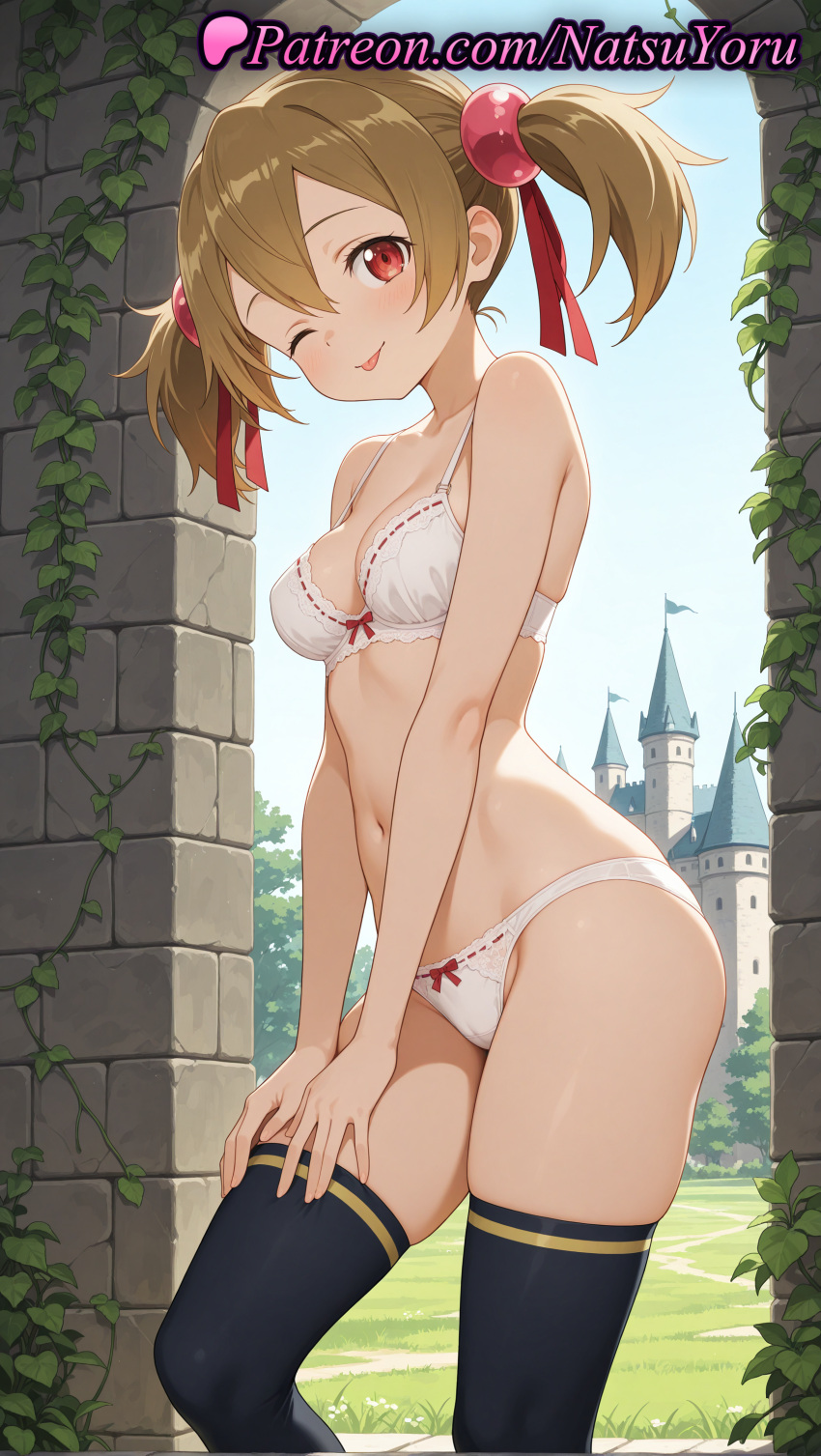 1girl 1girl 1girls 2025 ai ai_assisted ai_generated alfheim_online anime anime_style arch ayano_keiko bangs bare_arms bare_shoulders big_breasts black_thighhighs blonde_hair blush bow bow_bra bow_panties bra breasts brick_wall brown_hair bust cameltoe castle cleavage closed_mouth collarbone day female_focus female_only hair_between_eyes hair_bobbles hair_ornament hair_ribbon hair_ribbons hentai high_quality high_res high_res high_resolution looking_at_viewer medium_breasts natsuyoru navel one_eye_closed outside panties panties patreon plant red_eyes red_ribbon ribbon short_hair short_twintails silica skindentation sky small_breasts smile solo_female stable_diffusion standing stockings stomach sword_art_online sword_art_online:_fairy_dance sword_art_online_alicization thighs tongue tongue_out twin_tails underwear underwear_only voluptuous voluptuous_female white_bra white_panties