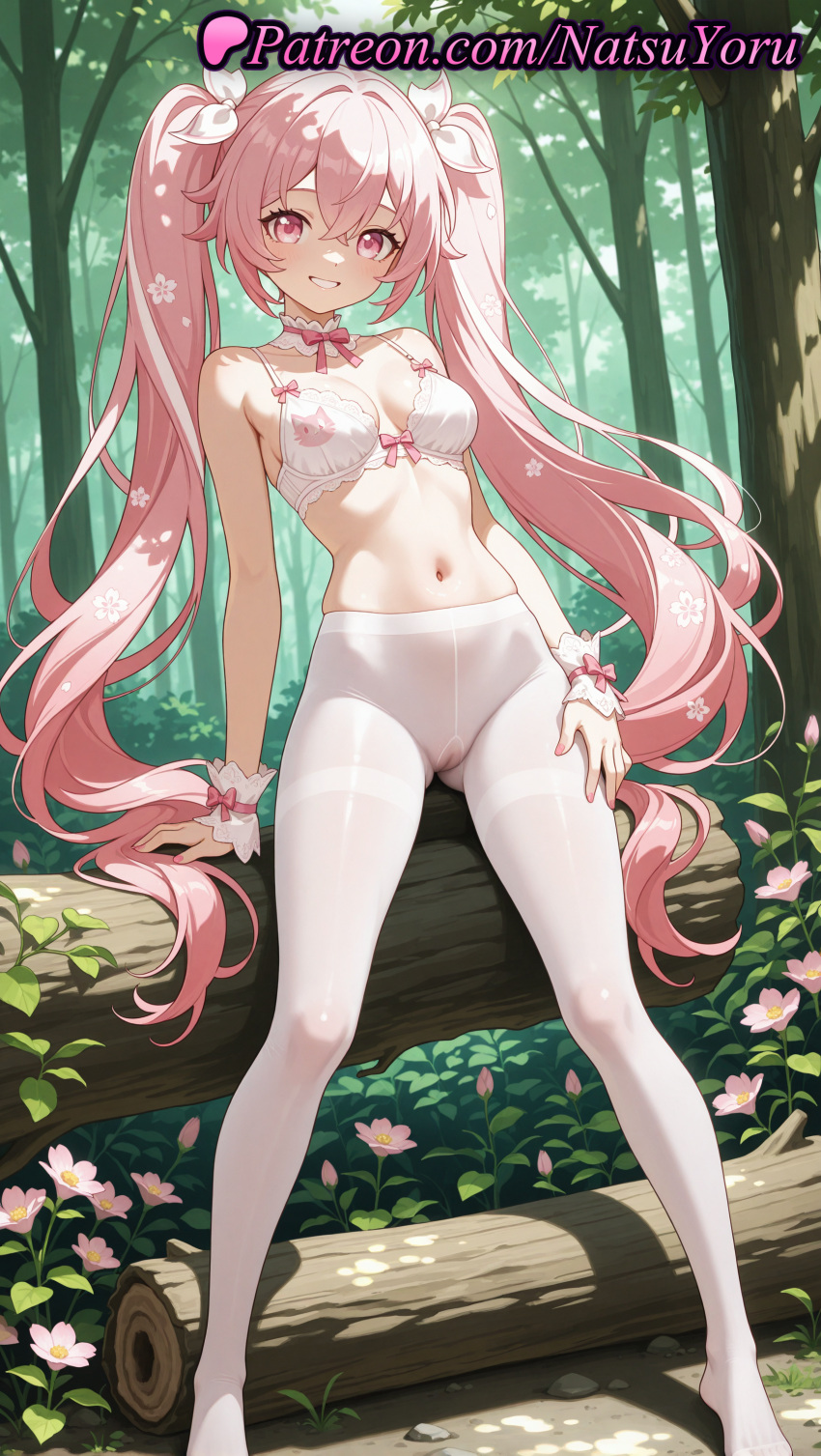 1girl 2025 ai_generated anime anime_style arm_support bangs bare_arms bare_shoulders big_breasts blush bow bow_bra bra breasts bust cameltoe choker cleavage collarbone crotch_seam day feet female_focus female_only fingernails flower foot_fetish forest frilled_choker frills full_body grin hair_between_eyes hair_flower hair_ribbon hand_on_own_thigh hentai high_quality high_res high_resolution hololive hololive_gamers hololive_gen_0 hololive_gen_1 hololive_japan legs lingerie log long_hair looking_at_viewer medium_breasts nail_polish natsuyoru nature navel no_panties no_shoes outside panties panties_under_pantyhose pantyhose patreon pink_bow pink_choker pink_eyes pink_flower pink_hair pink_nails pussy red_eyes ribbon sakura_miko see-through see-through_legwear sitting small_breasts smile solo_female stable_diffusion standing stomach teeth thighband_pantyhose thighs toenail_polish toenails toes tree twin_tails underwear underwear_only very_long_hair voluptuous voluptuous_female white_bow white_bra white_choker white_pantyhose white_ribbon wrist_cuffs