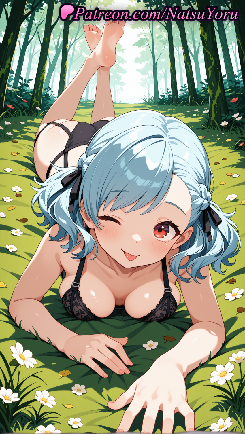 1girl 2025 ai_assisted ai_generated anime anime_style asian ass bangs bare_arms bare_shoulders barefoot big_breasts black_bra black_panties black_ribbon blue_hair blush bra braid breasts bust cleavage collarbone crossed_ankles crossed_legs day feet feet_up female_focus female_only female_solo flower foot_fetish foreshortening forest full_body girls_frontline grass hair_ribbon hentai high_quality high_res high_resolution indoors juicy_butt lingerie looking_at_viewer lying medium_breasts medium_hair natsuyoru nature on_grass on_stomach one_eye_closed outside pale_skin panties patreon petals plant red_eyes ribbon short_hair smile soles solo_female spas-12_(girls_frontline) stable_diffusion swept_bangs the_pose thighs toes tongue tongue_out tree twin_tails underwear underwear_only voluptuous voluptuous_female white_flower