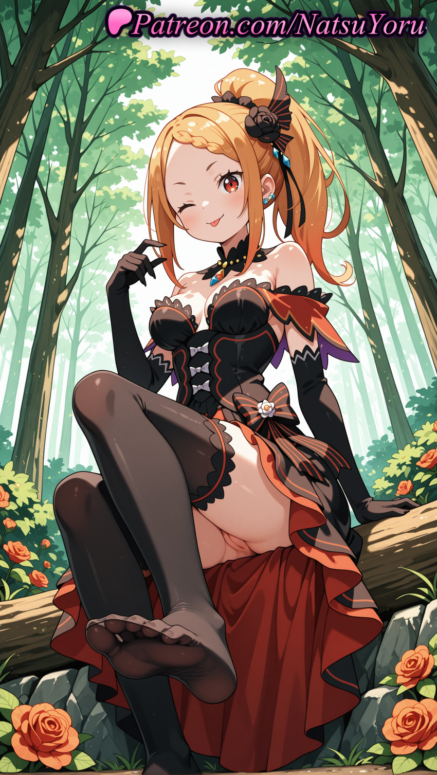 1girl 2025 ai_assisted ai_generated anime anime_style arm_support bangs bare_shoulders big_breasts black_bow black_dress black_flower black_gloves black_rose black_thighhighs blonde_hair blush bow braid braided_bangs breasts bush bust cleavage cleft_of_venus closed_mouth day detached_collar dress earrings elbow_gloves feet female_focus female_only female_solo flower foot_fetish foot_focus foot_out_of_frame forest frilled_dress frills from_below gloves hair_flower hair_ornament hand_up hentai high-low_skirt high_ponytail high_quality high_res high_resolution jewelry legs log long_hair looking_at_viewer medium_breasts natsuyoru nature no_panties no_shoes off-shoulder_dress off_shoulder one_eye_closed orange_hair orange_rose outside parted_bangs patreon ponytail priscilla_barielle pussy re:zero_kara_hajimeru_isekai_seikatsu red_eyes red_flower red_rose rose sheer_legwear sidelocks sitting smile soles solo_female stable_diffusion stockings strapless strapless_dress thighs tied_hair toes tongue tongue_out tree two-tone_dress uncensored upskirt voluptuous voluptuous_female