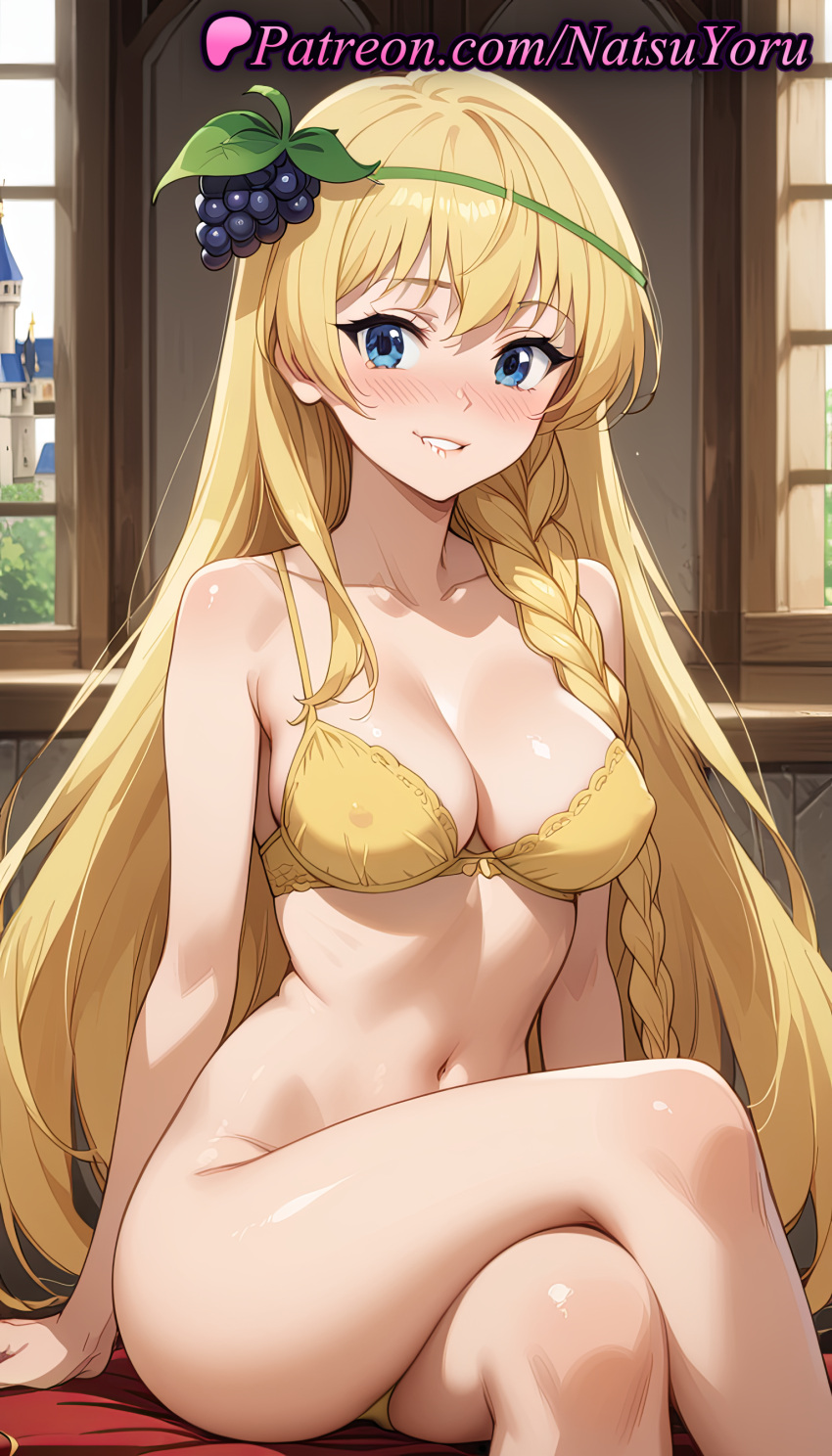 1girl 2025 ai_assisted ai_generated anime anime_style bangs bare_arms bare_shoulders big_breasts bikini blonde_hair blue_eyes blush bottomless bra braid breasts bust cleavage clothing collarbone covered_nipples crossed_legs feet_out_of_frame female_focus female_only female_solo food food-themed_hair_ornament fruit grapes grin hair_ornament hentai high_quality high_res high_resolution indoors iris_(konosuba) kono_subarashii_sekai_ni_shukufuku_wo! legs long_hair looking_at_viewer medium_breasts natsuyoru navel nose_blush panties parted_lips patreon side_braid single_braid sitting smile solo_female stable_diffusion stomach swimsuit teeth thighs underwear underwear_only very_long_hair voluptuous voluptuous_female window yellow_bra yellow_panties