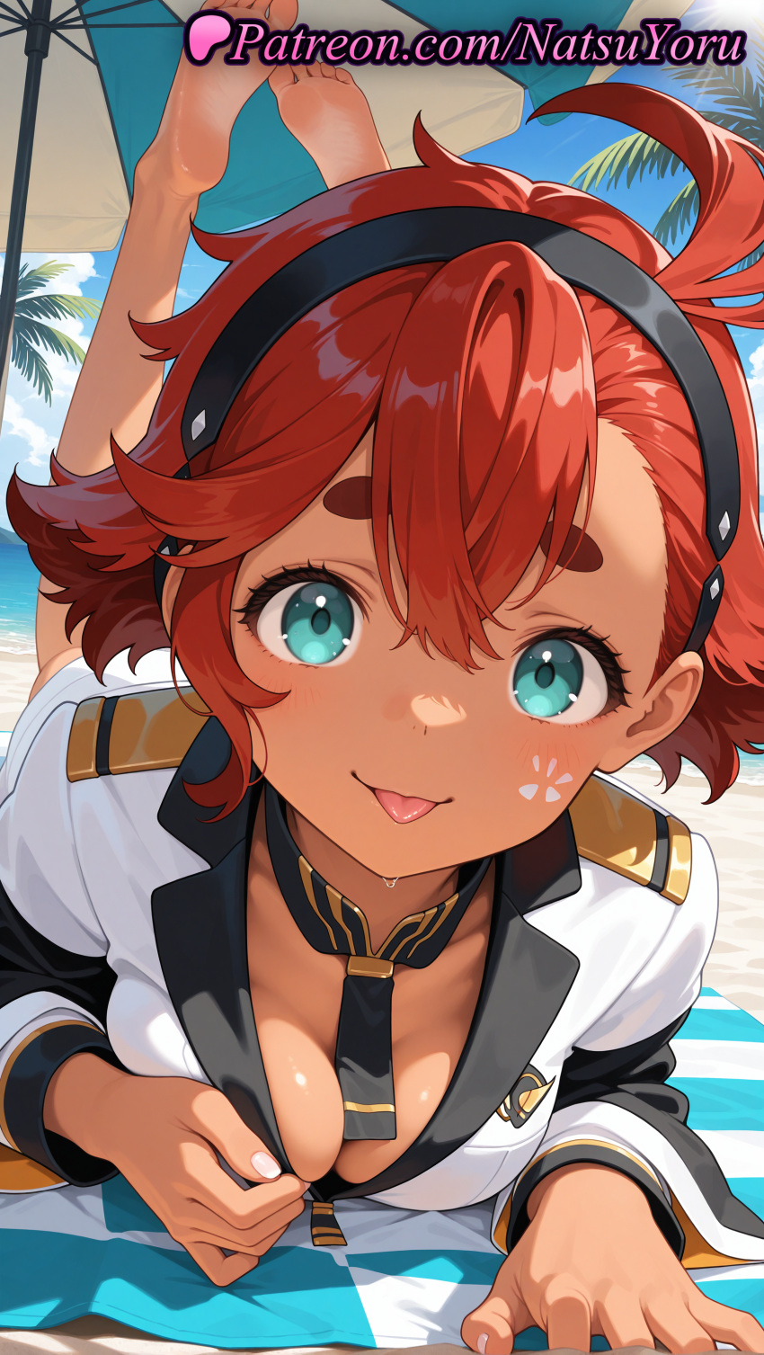 1girl 2025 ahoge ai_assisted ai_generated anime anime_style aqua_eyes asticassia_school_uniform bangs barefoot beach beach_towel beach_umbrella between_breasts big_breasts black_hairband blue_eyes blush breasts bust cleavage clothing dark-skinned_female dark_skin day feet feet_up female_focus female_only female_solo gundam gundam_suisei_no_majo hair_between_eyes hairband hentai high_quality high_res high_resolution jacket legs lipstick long_sleeves looking_at_viewer lying makeup medium_breasts nail_polish natsuyoru neck_tie on_stomach outside palm_tree partially_unzipped patreon red_hair school_uniform shirt short_hair shoulder_boards sky smile soles solo_female stable_diffusion suletta_mercury the_pose thick_eyebrows toes tongue tongue_out towel tree umbrella voluptuous voluptuous_female white_jacket white_nails