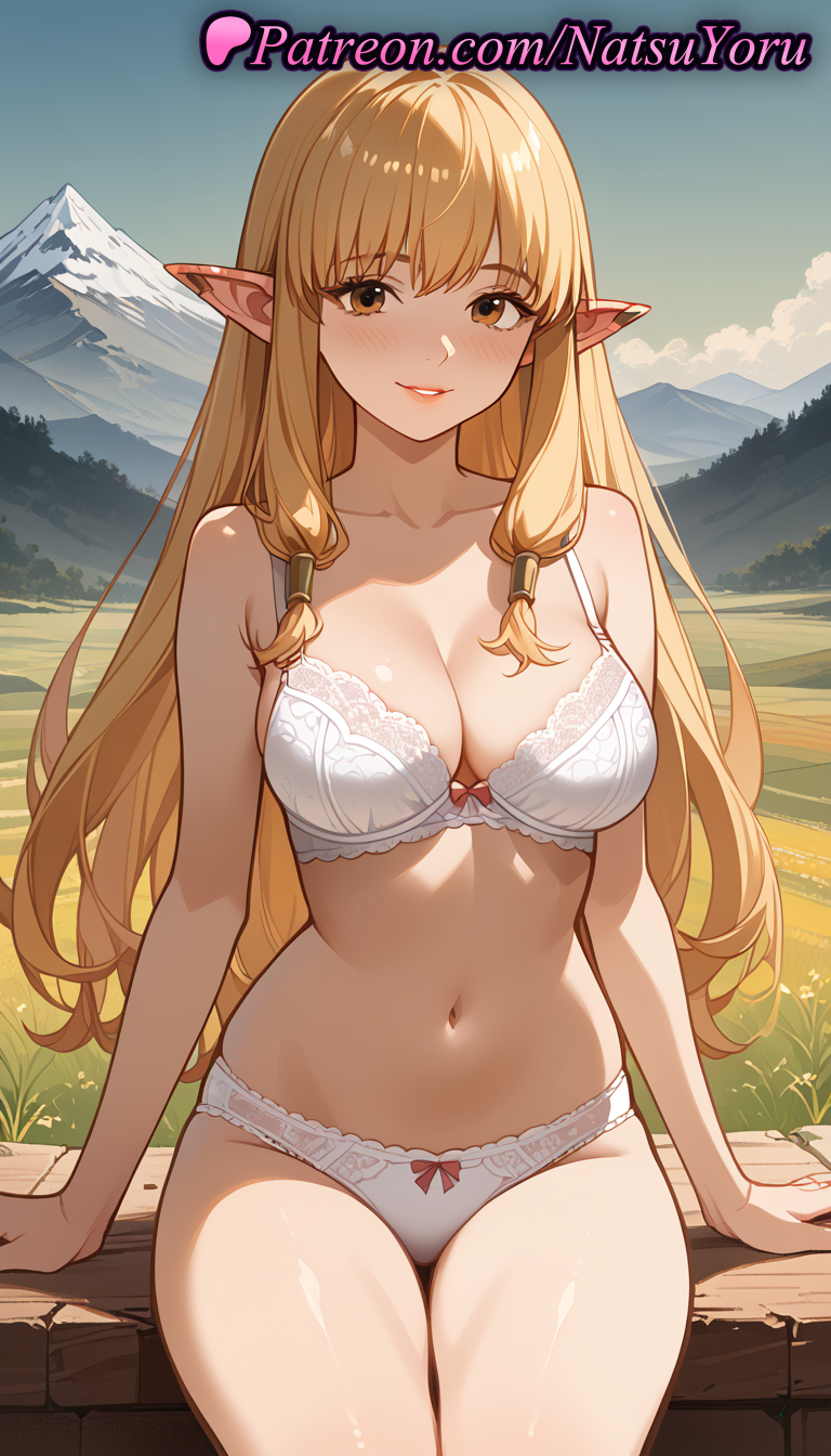 1girl 2025 ai_assisted ai_generated anime anime_style bangs bare_arms bare_shoulders big_breasts blonde_hair blush bow bow_bra bow_panties bra breasts brown_eyes bust cleavage closed_mouth collarbone day elf elf_ears female_focus female_only female_solo hair_tubes hentai high_quality high_res high_resolution lace-trimmed_bra lace_trim lips long_hair looking_at_viewer mountain mountainous_horizon natsuyoru navel outside panties parted_lips patreon pointed_ears pointy_ears serie_(sousou_no_frieren) sidelocks sitting sky smile solo_female sousou_no_frieren stable_diffusion stomach thigh_gap thighs underwear underwear_only voluptuous voluptuous_female white_bra white_panties