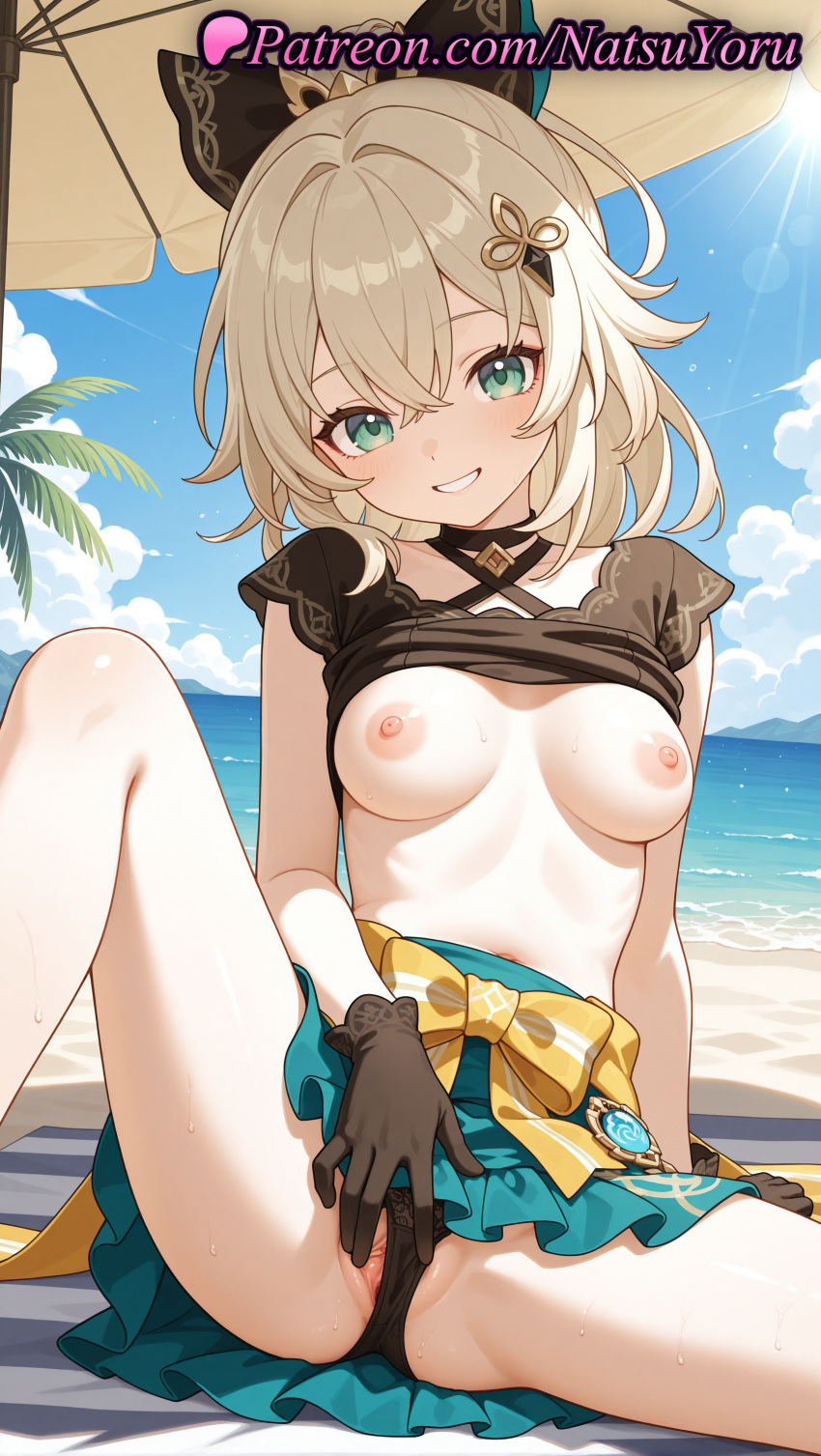 1girl 1girl 1girls 2025 ai ai_generated animal_ears anime anime_style aqua_eyes aqua_skirt asian bangs beach beach_towel beach_umbrella big_breasts bikini bikini_bottom_aside black_bow black_choker black_gloves black_panties black_shirt blonde_hair blue_skirt blue_sky blush bow breasts bust choker clothes_lift clothing_aside cloud criss-cross_halter crossed_bangs day female_focus female_only genshin_impact gloves green_eyes green_skirt grin hair_between_eyes hair_bow hair_ornament hentai high_quality high_res high_res high_resolution horizon kirara_(genshin_impact) knee_up labia legs long_hair looking_at_viewer medium_breasts medium_hair miniskirt natsuyoru navel nipples nipples_outside ocean official_alternate_costume outside palm_tree panties panties panties_aside patreon ponytail pussy pussy shirt shirt_lift short_sleeves sitting skirt skirt_lift sky smile solo_female spread_legs spread_pussy spread_pussy_under_clothes stable_diffusion swimsuit thighs umbrella uncensored uncensored_nipples underwear vision_(genshin_impact) voluptuous voluptuous_female yellow_bow