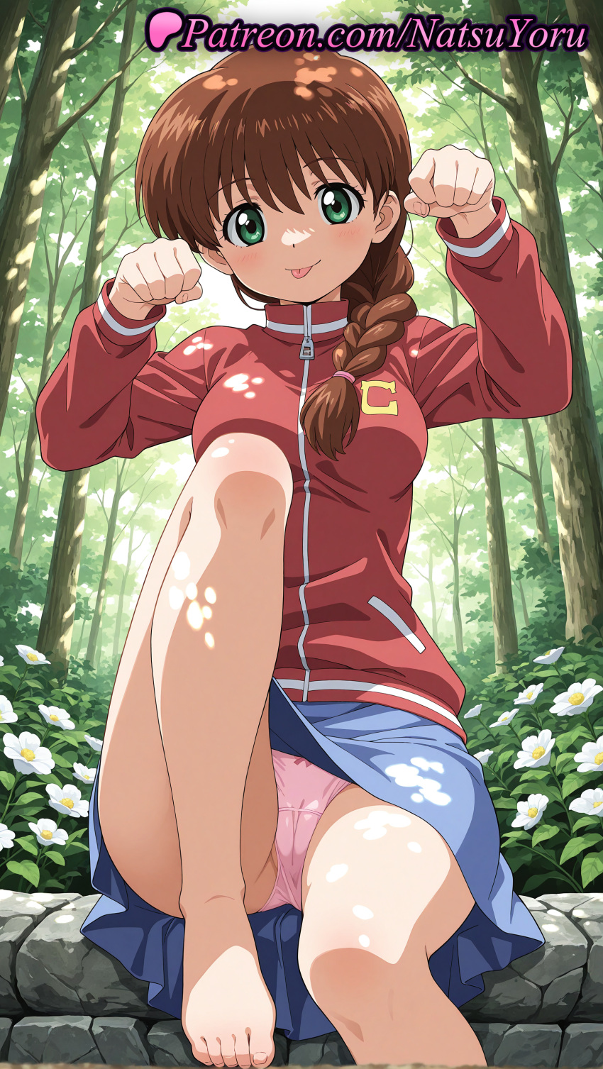 1girl 1girls 2025 ai ai_assisted ai_generated anime anime_style bangs barefoot big_breasts blue_skirt blush bow bow_panties braid braided_ponytail breasts brown_hair bust cameltoe closed_mouth crotch_seam dappled_sunlight day feet female_focus female_only flower foot_fetish foot_out_of_frame forest gakkou_no_kaidan gakkou_no_kaidan_(anime) ghost_stories green_eyes hair_over_shoulder hair_tie hentai high_quality high_res high_resolution jacket knee_up legs long_hair long_sleeves looking_at_viewer medium_breasts miniskirt miyanoshita_satsuki natsuyoru nature non-asian outside panties pantyshot patreon paw_pose pink_panties pleated_skirt red_jacket satsuki_miyanoshita single_braid sitting skirt smile soaking_feet solo_female stable_diffusion sunlight toenails toes tongue tongue_out track_jacket tree underwear upskirt voluptuous voluptuous_female white_flower zipper